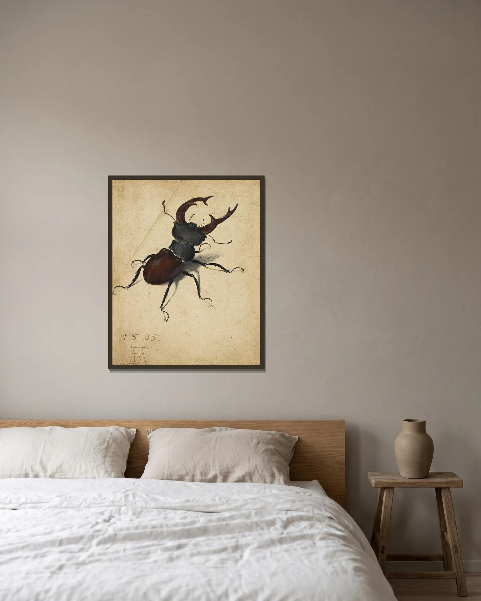 Stag Beetle av Albrecht Dürer inramad på en vägg