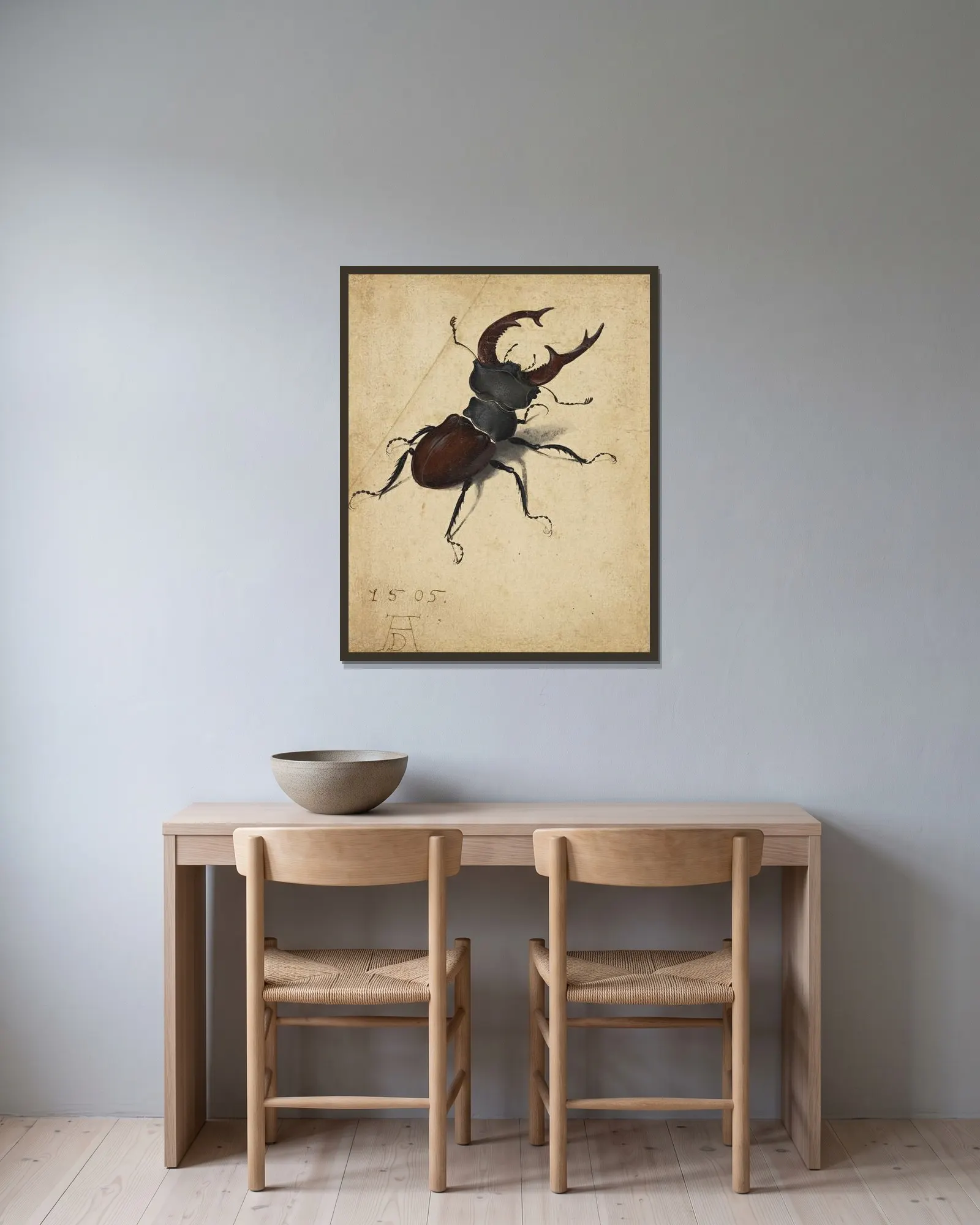 Stag Beetle av Albrecht Dürer inramad på en vägg