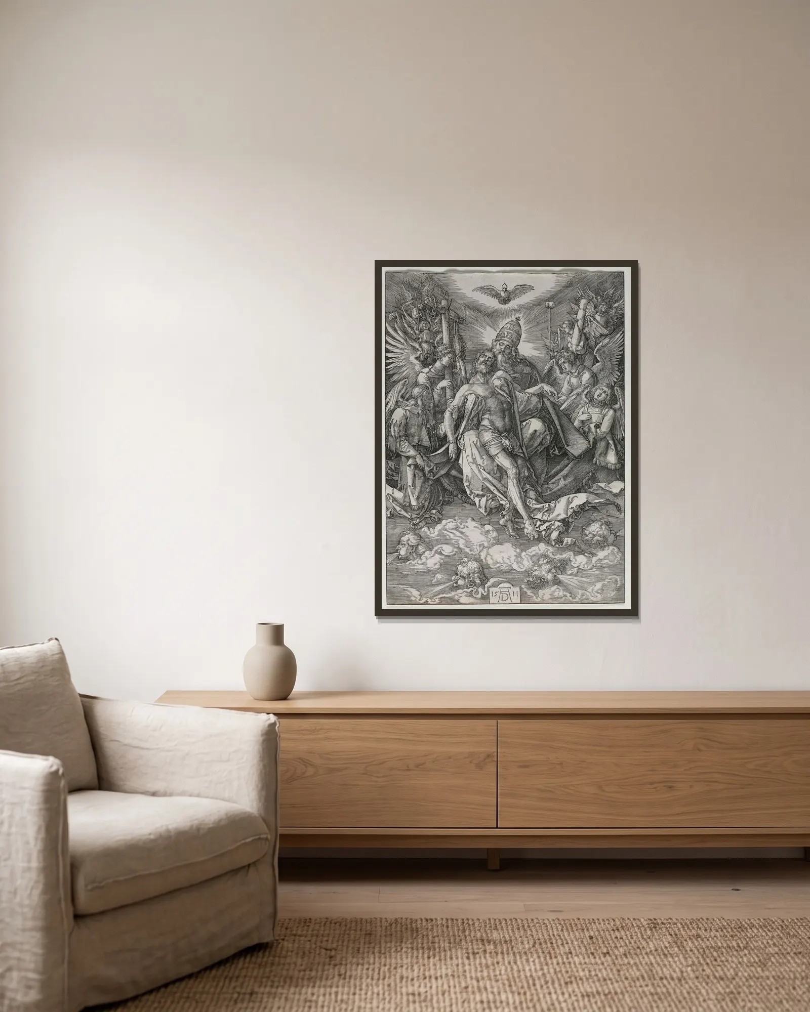 The Holy Trinity av Albrecht Dürer inramad på en vägg