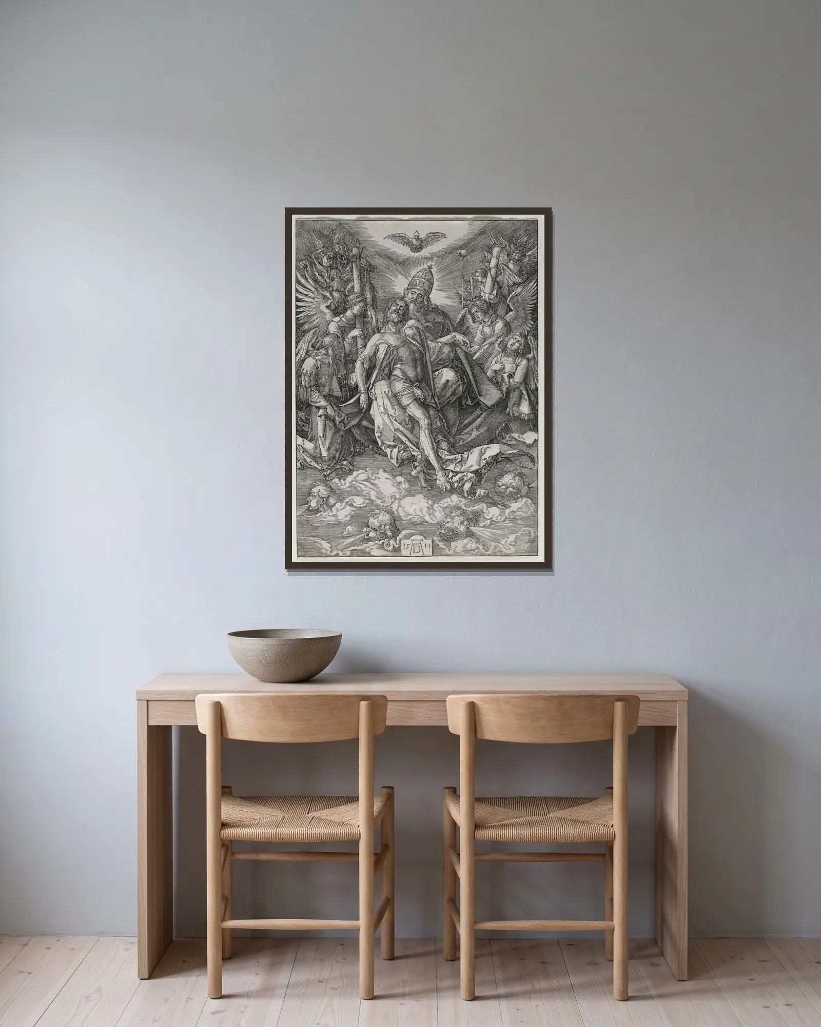 The Holy Trinity av Albrecht Dürer inramad på en vägg