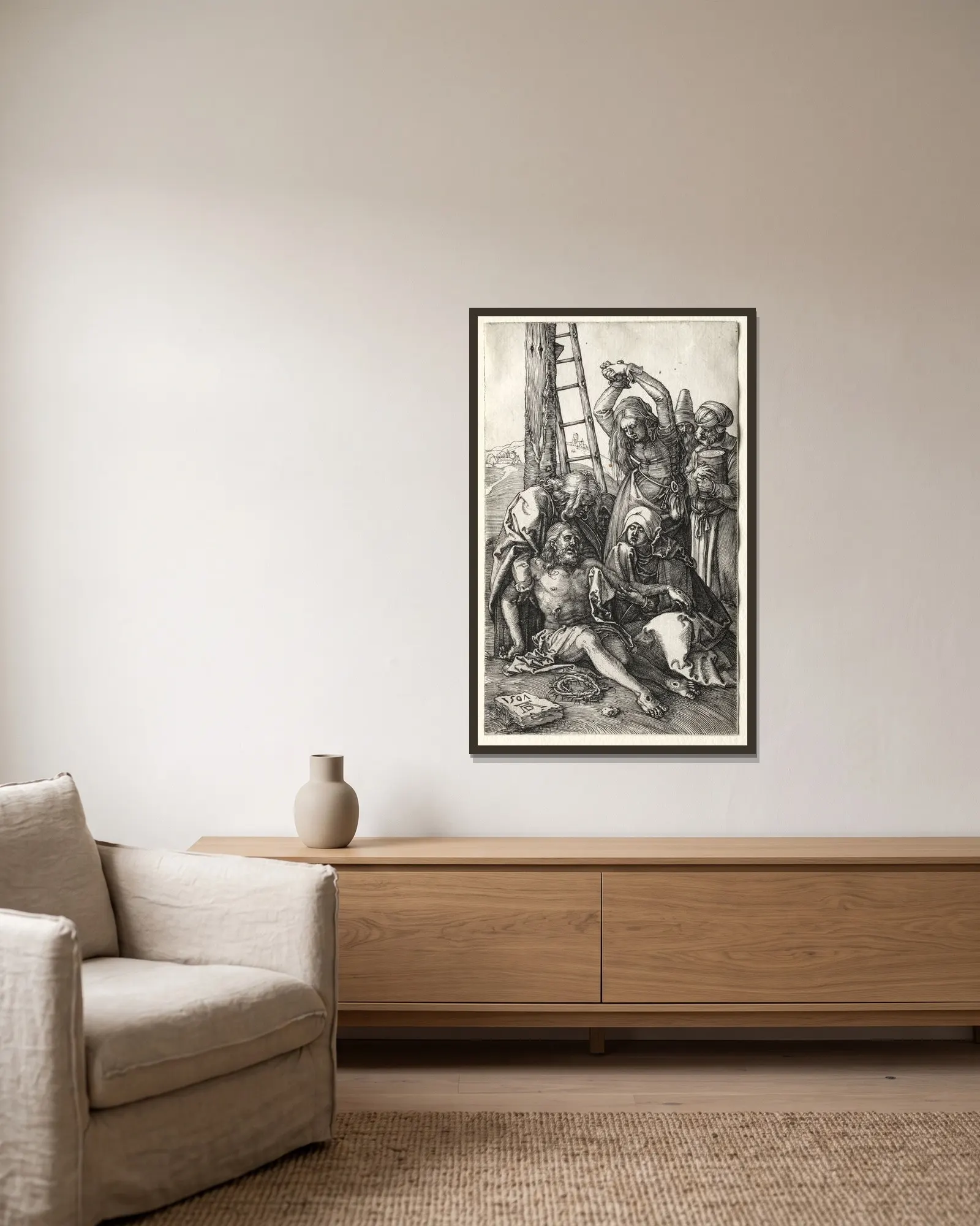 The Lamentation av Albrecht Dürer inramad på en vägg