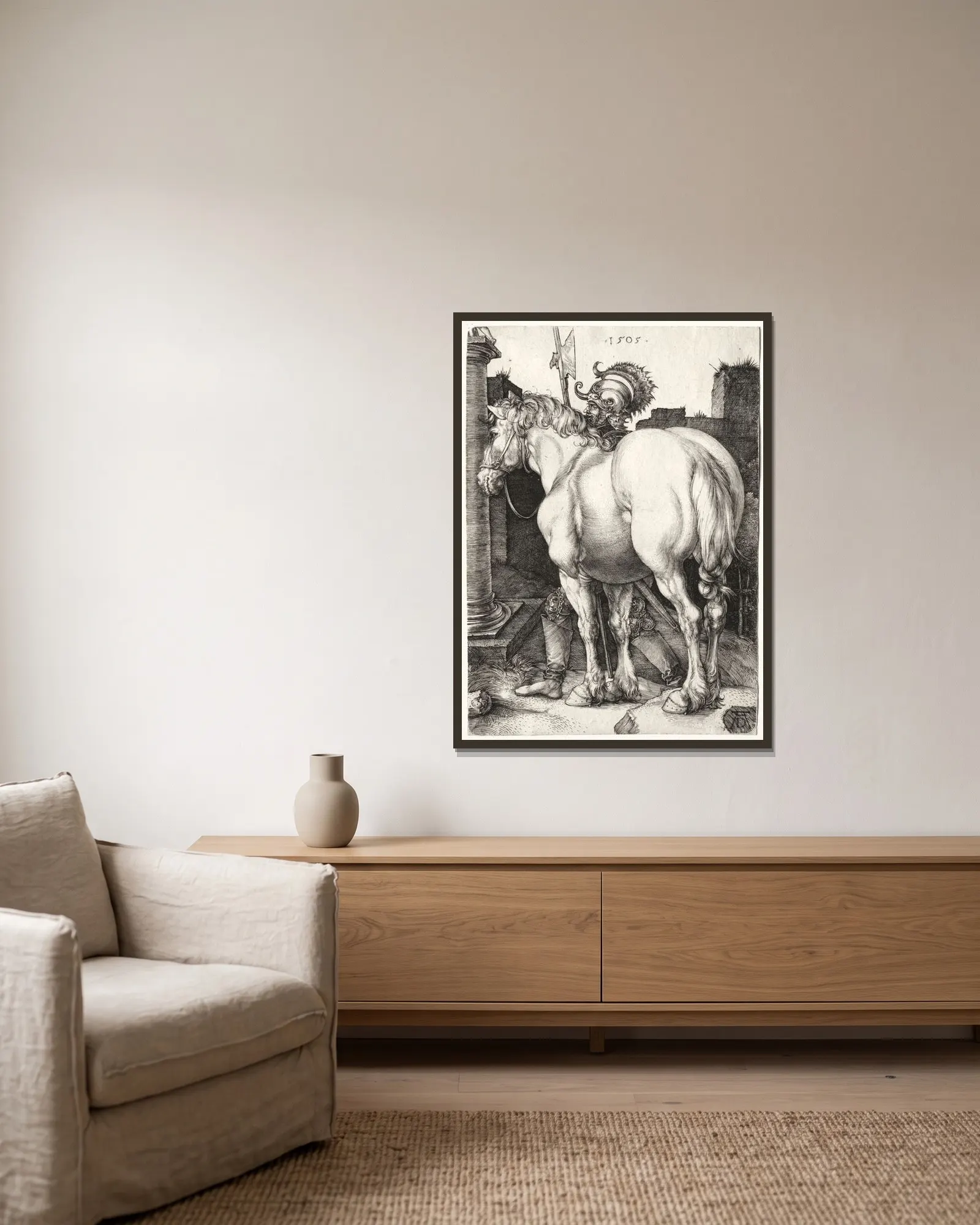 The Large Horse av Albrecht Dürer inramad på en vägg