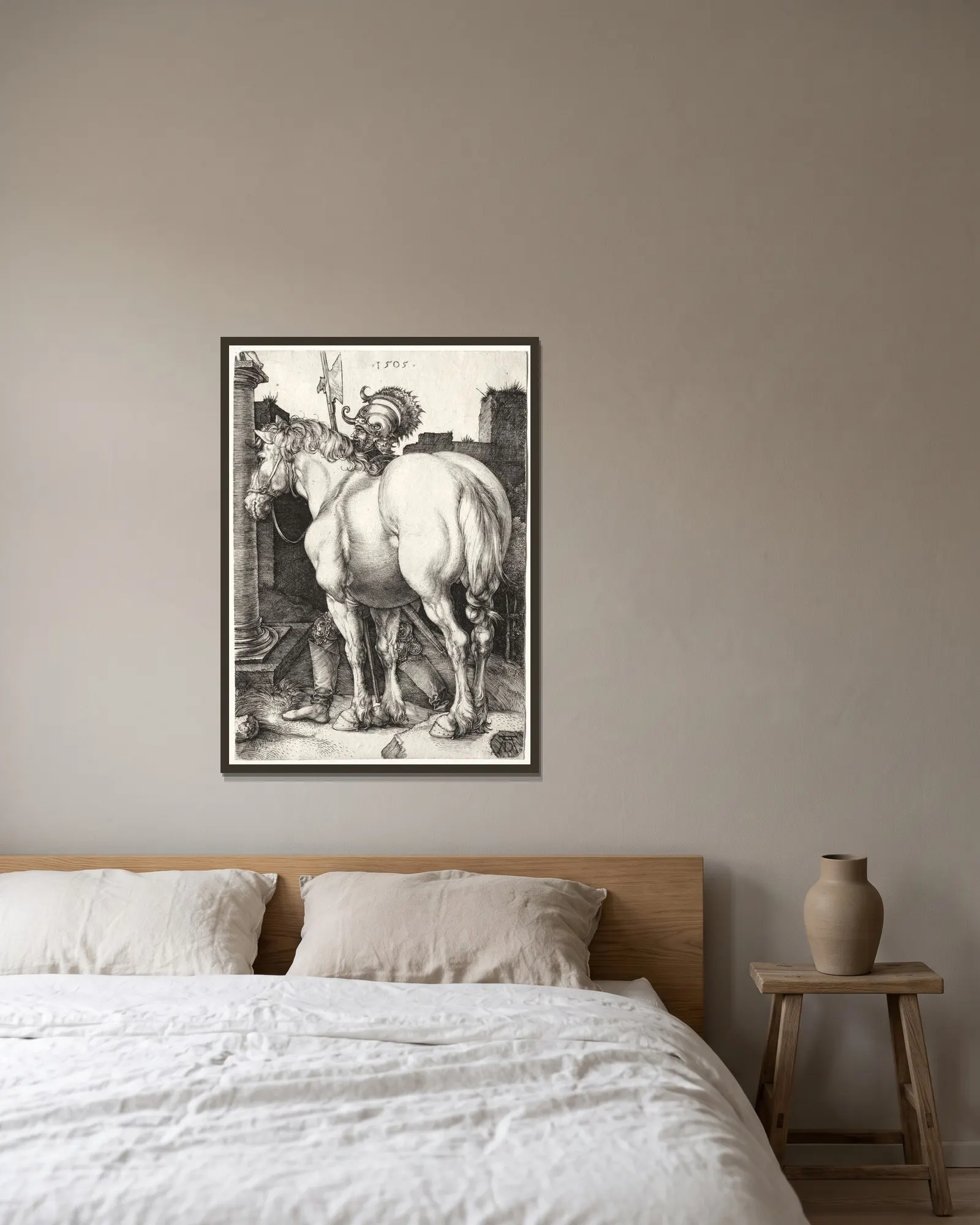 The Large Horse av Albrecht Dürer inramad på en vägg