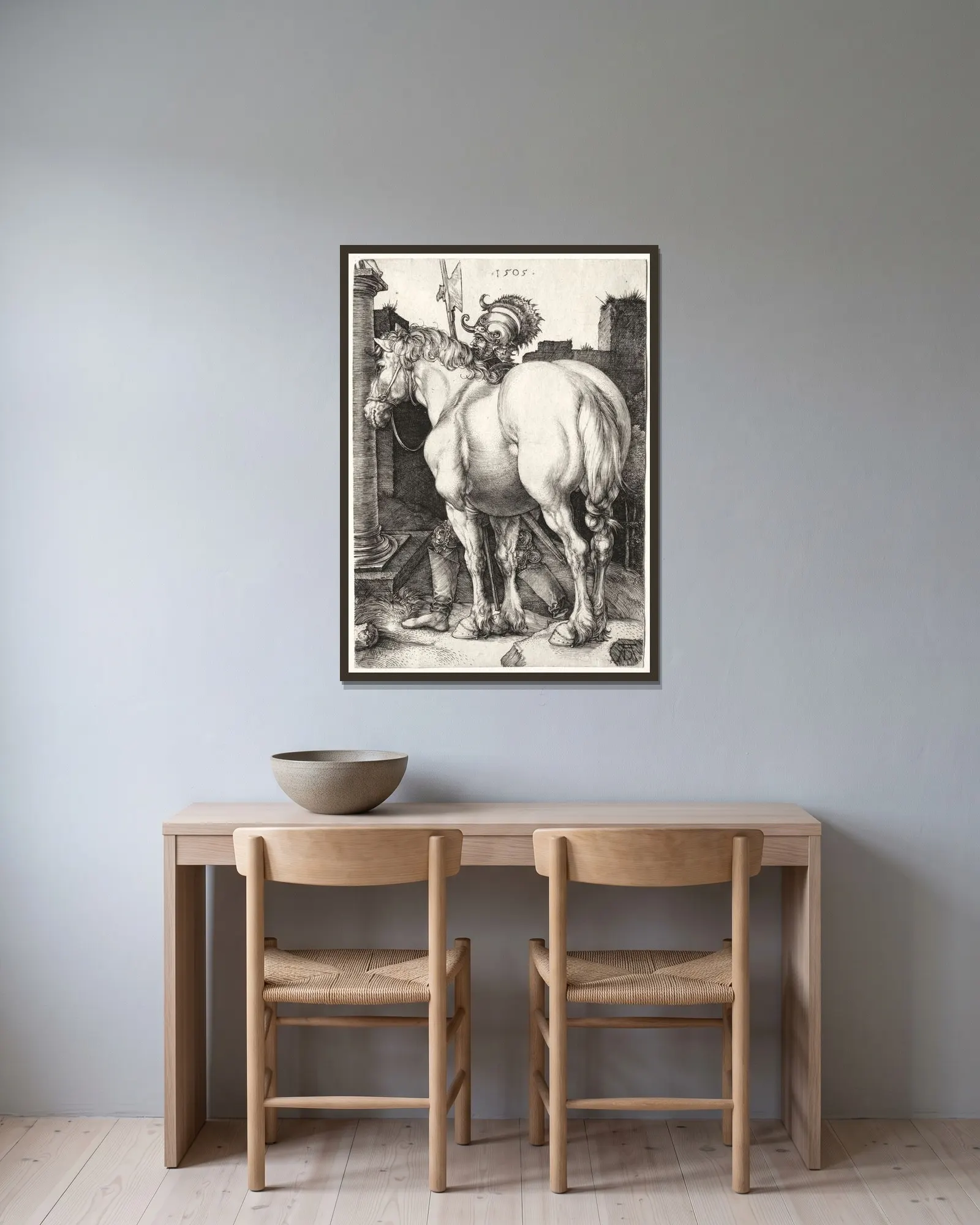 The Large Horse av Albrecht Dürer inramad på en vägg