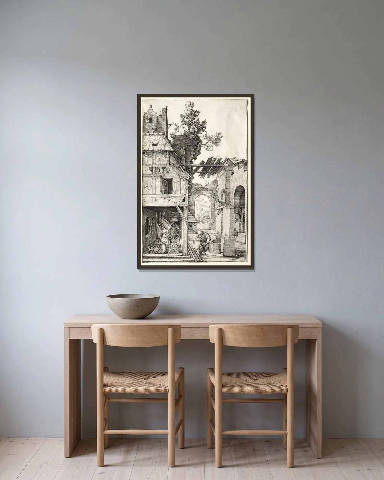 The Nativity av Albrecht Dürer inramad på en vägg
