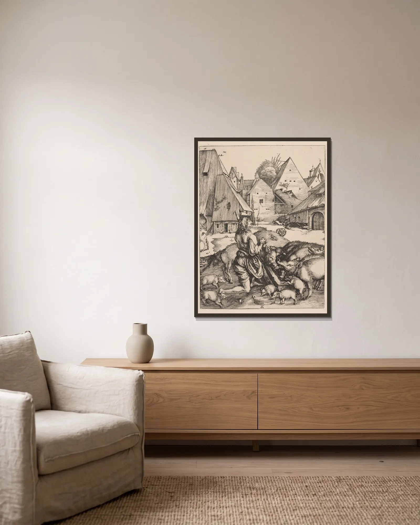 The prodigal son. – nr 1 av Albrecht Dürer inramad på en vägg