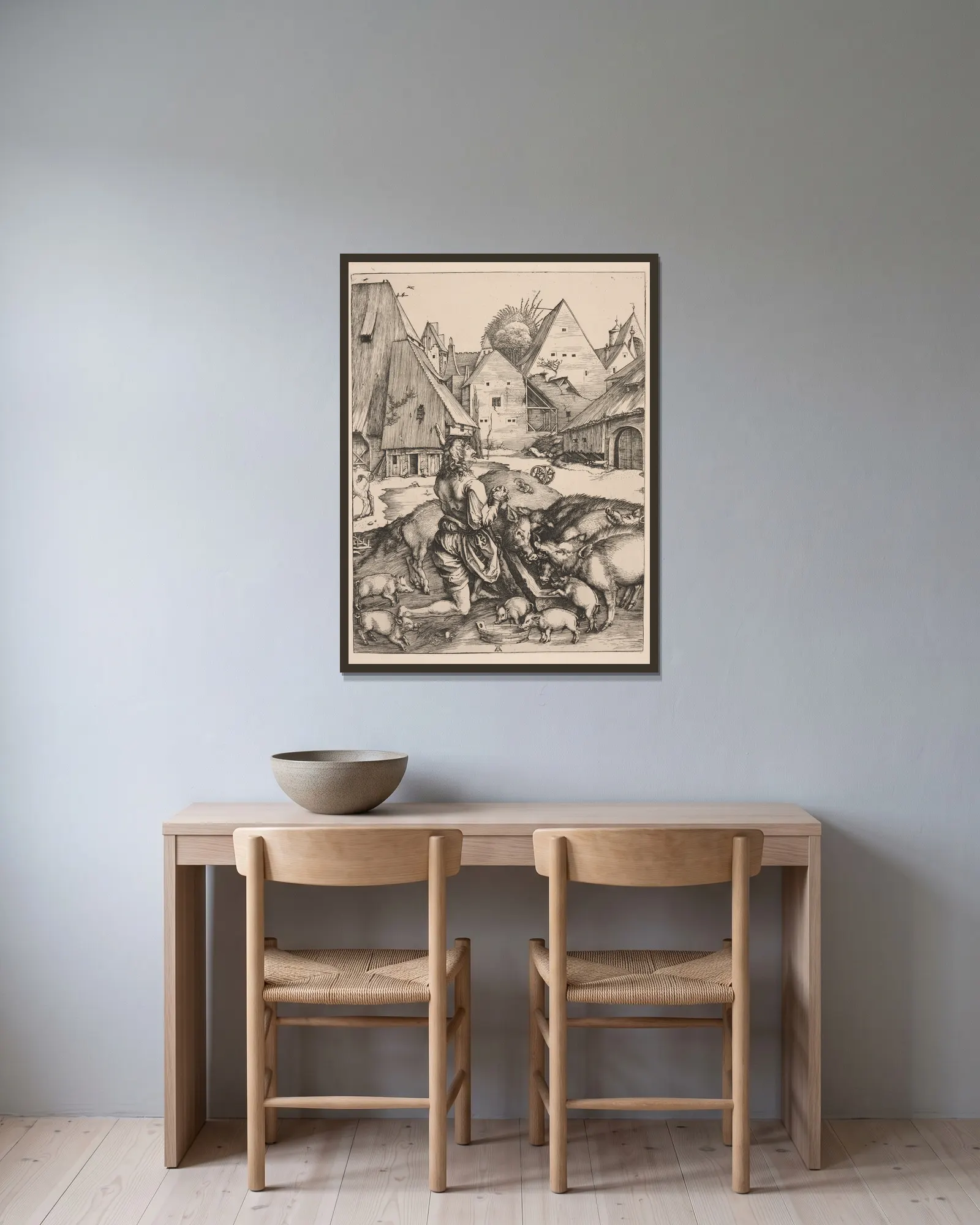 The prodigal son. – nr 1 av Albrecht Dürer inramad på en vägg