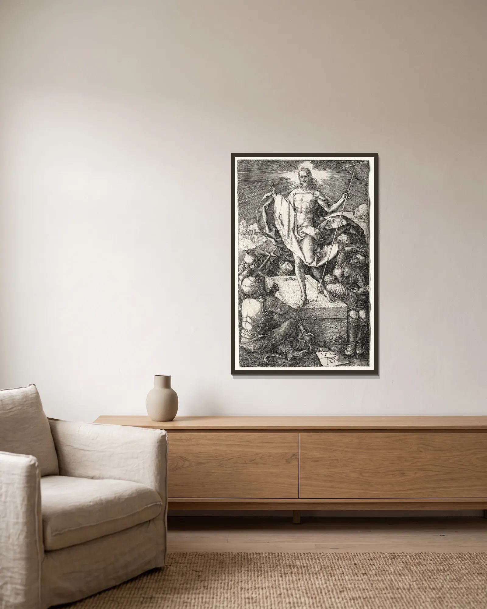 The Resurrection av Albrecht Dürer inramad på en vägg