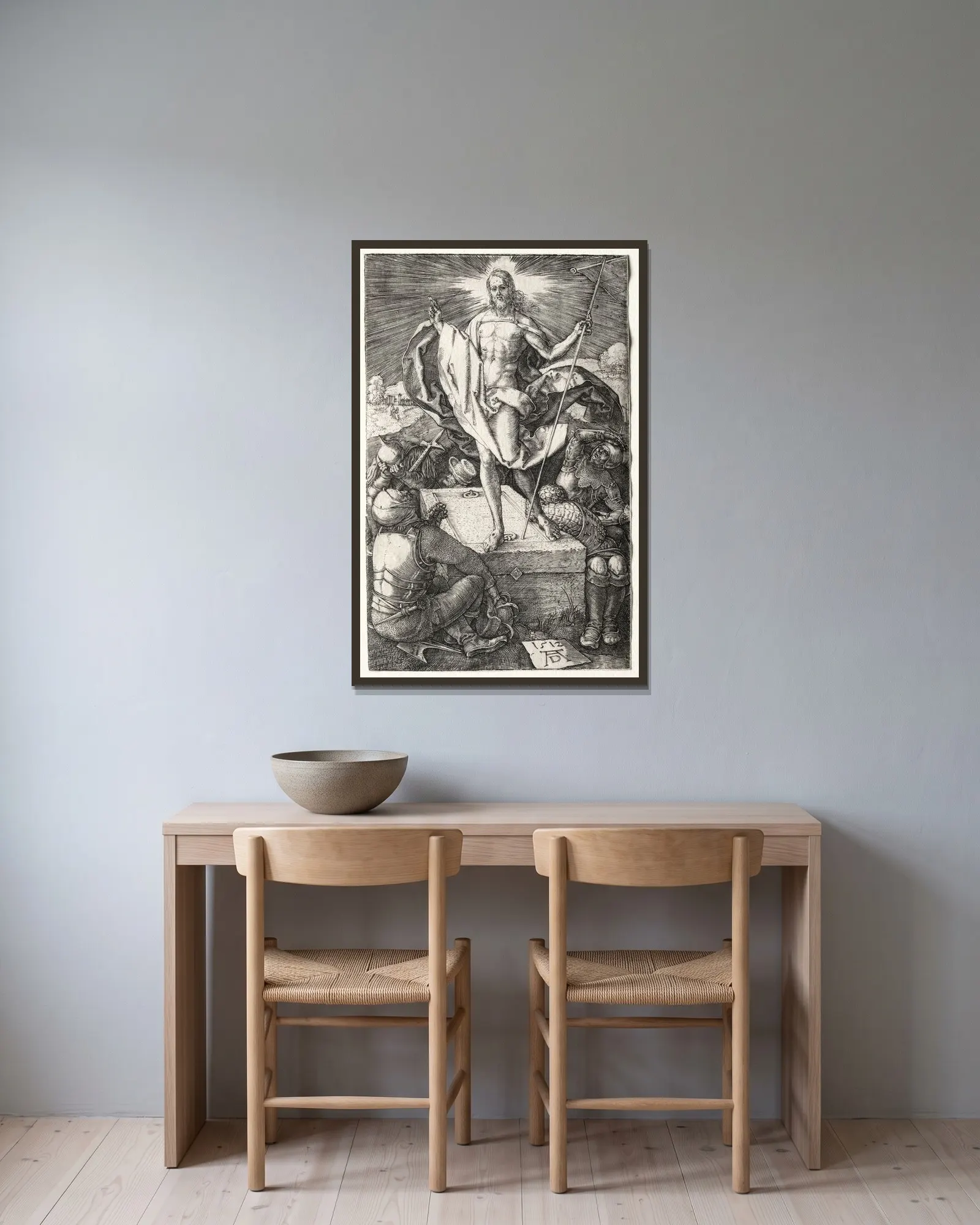 The Resurrection av Albrecht Dürer inramad på en vägg