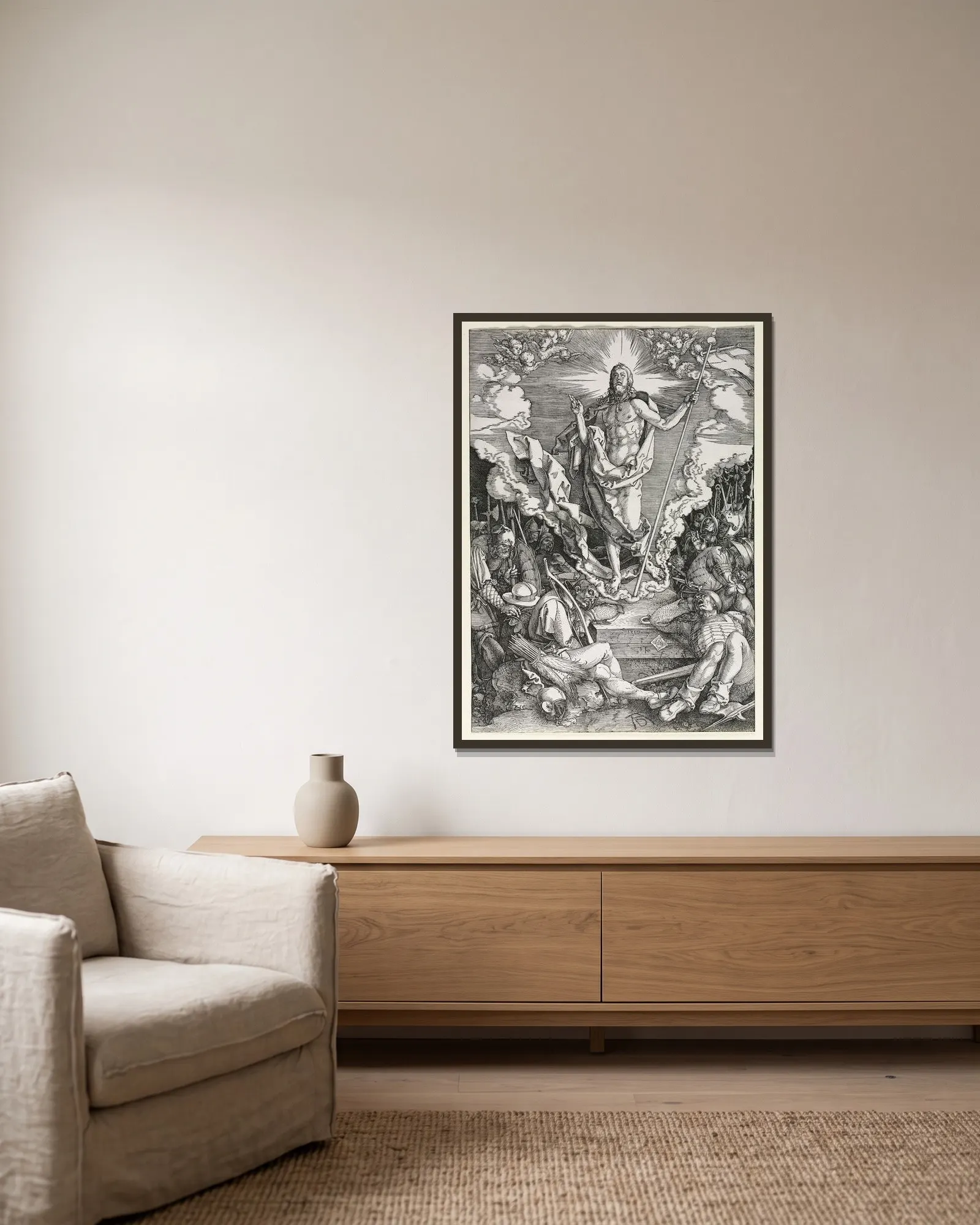 The Resurrection av Albrecht Dürer inramad på en vägg