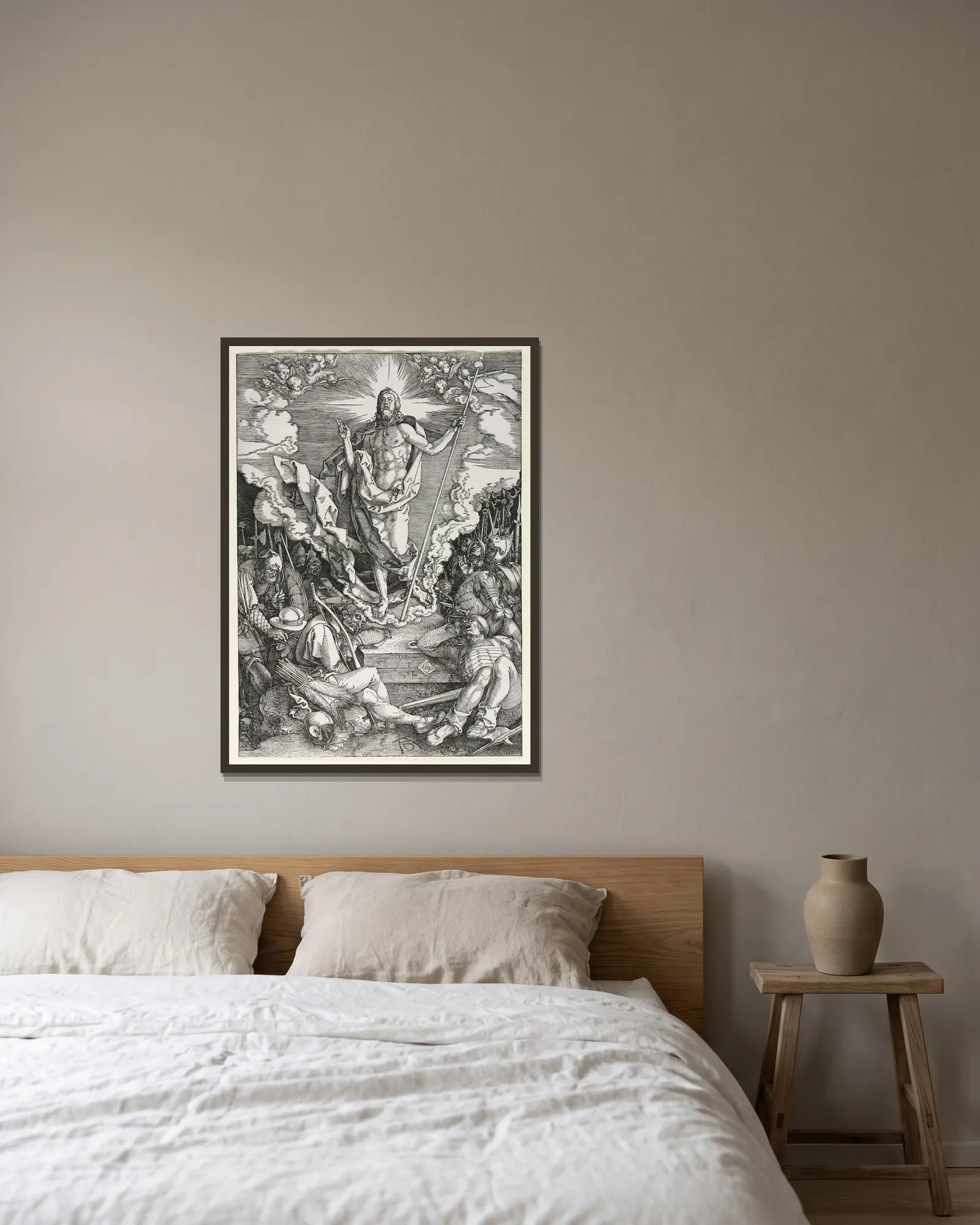 The Resurrection av Albrecht Dürer inramad på en vägg