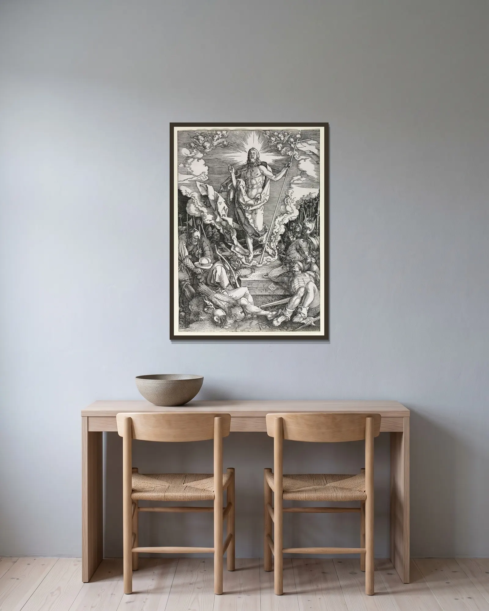The Resurrection av Albrecht Dürer inramad på en vägg