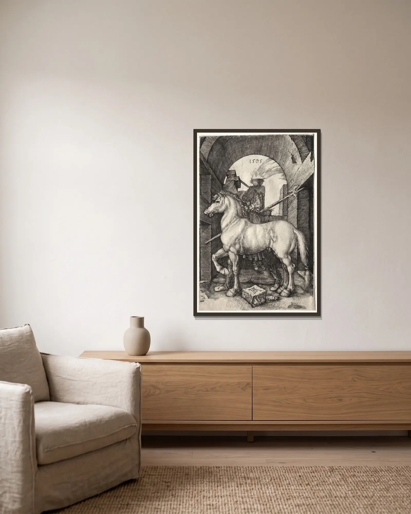 The Small Horse av Albrecht Dürer inramad på en vägg
