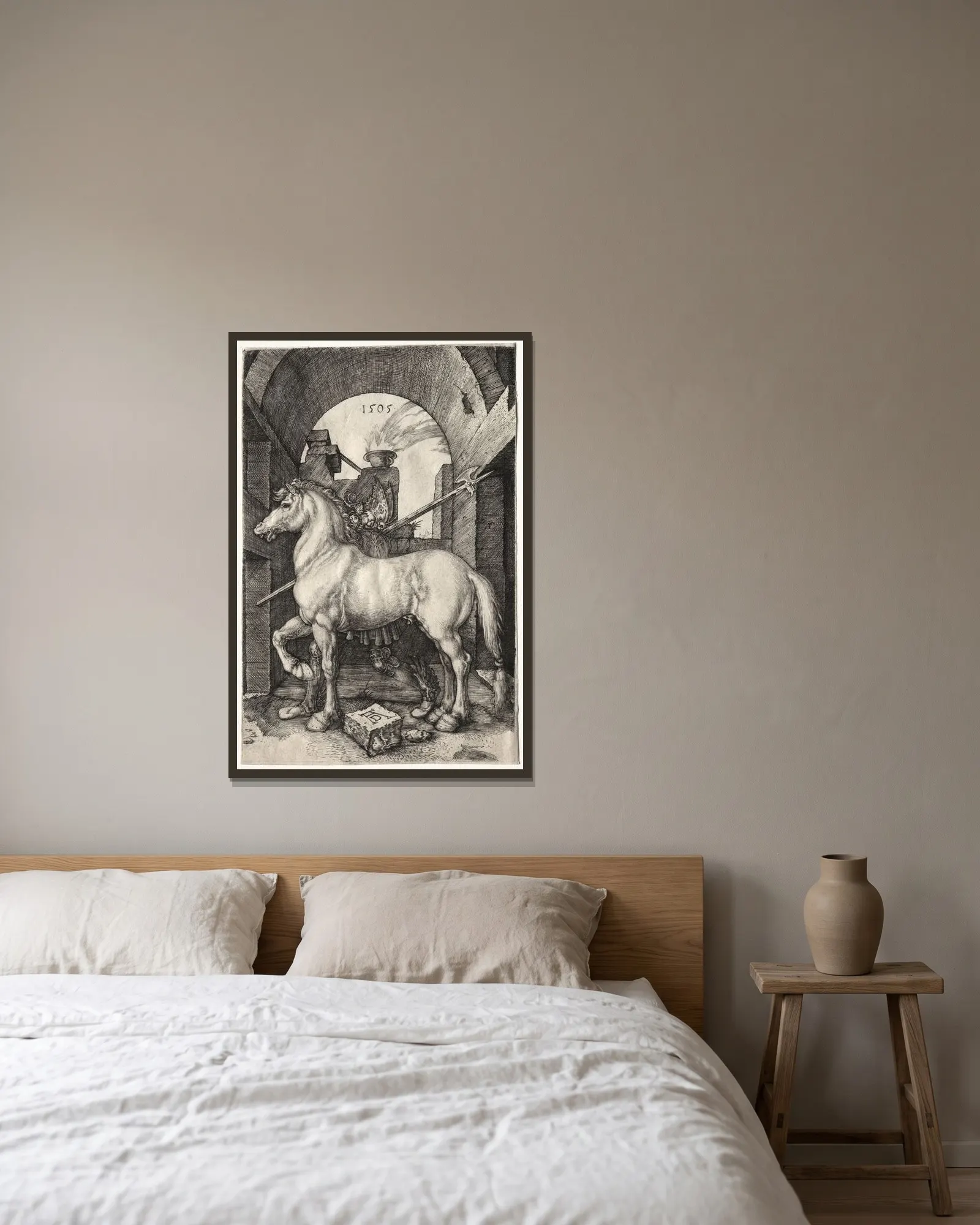 The Small Horse av Albrecht Dürer inramad på en vägg
