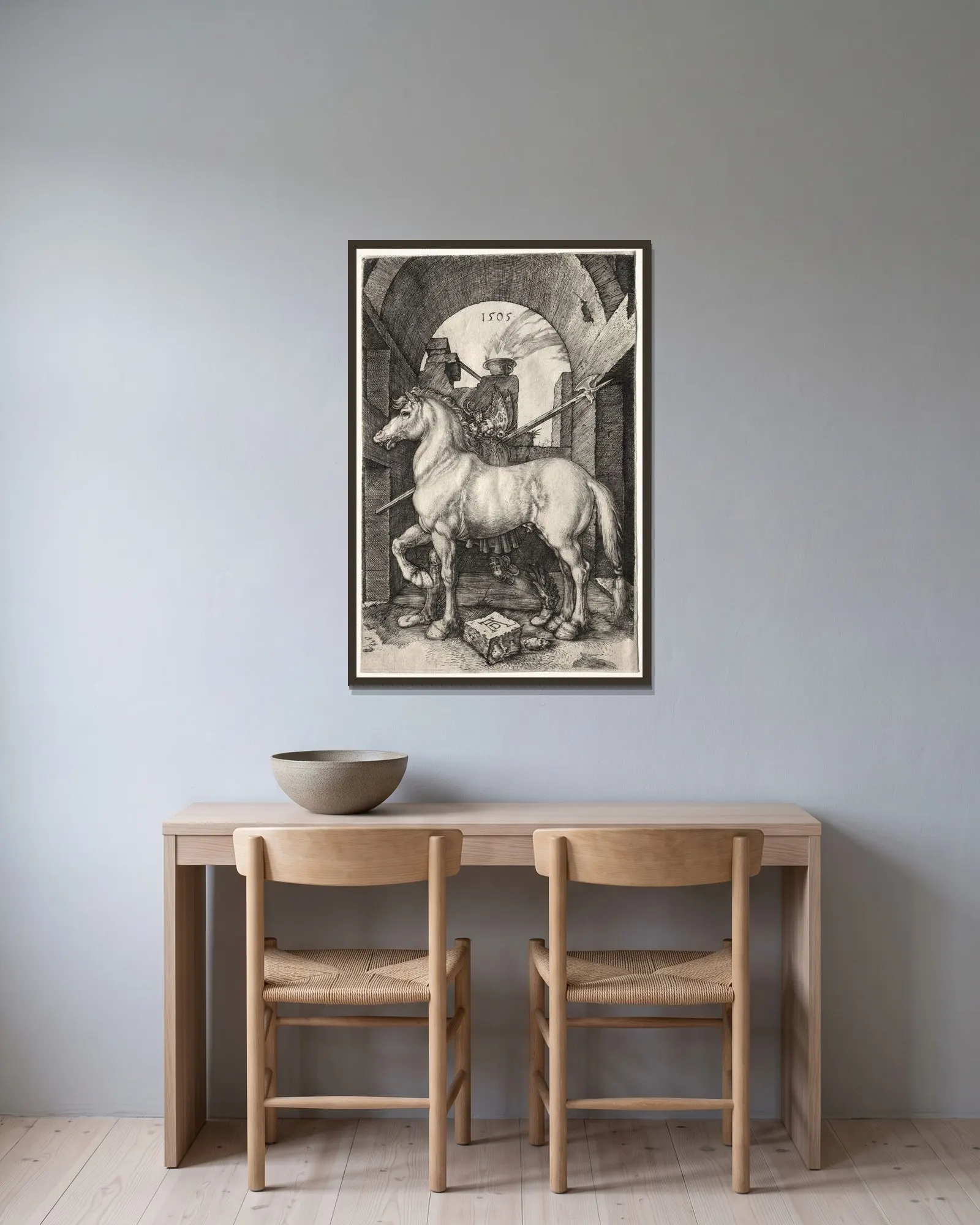 The Small Horse av Albrecht Dürer inramad på en vägg