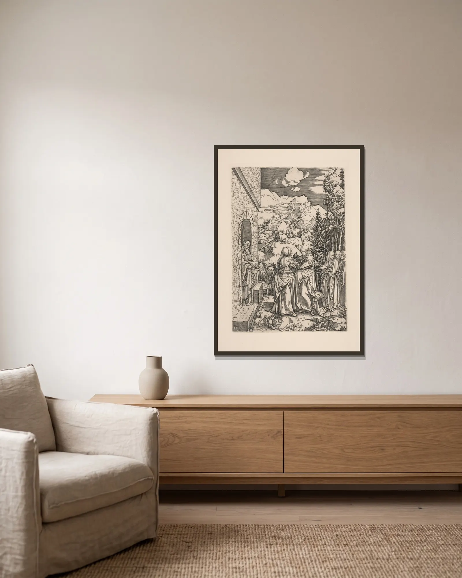 The Visitation av Albrecht Dürer inramad på en vägg