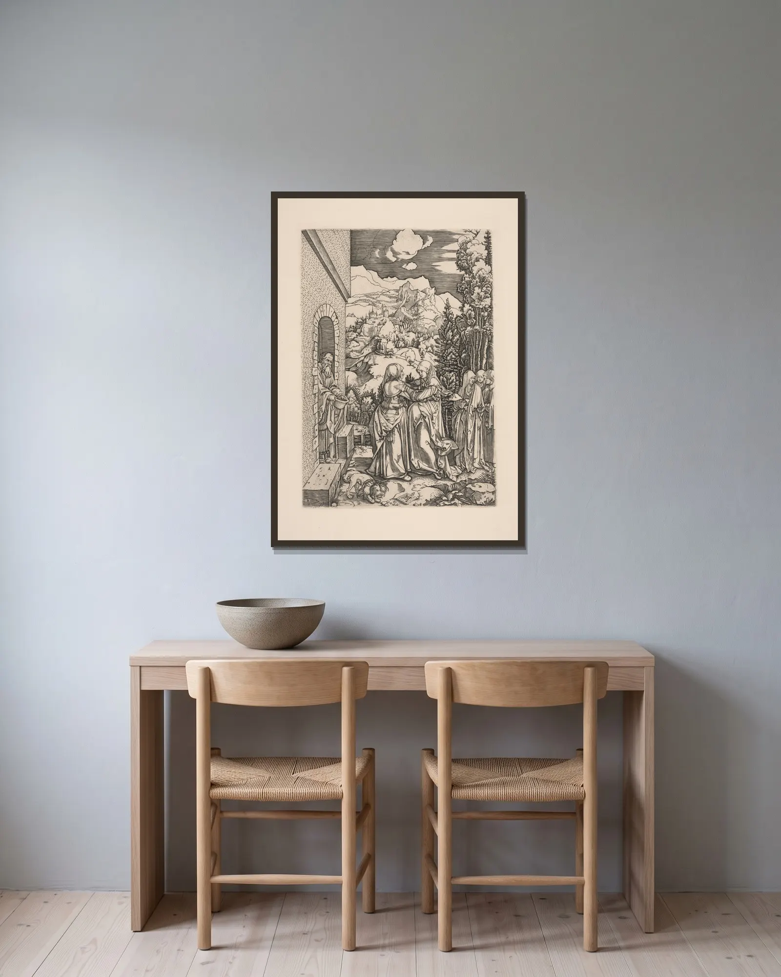The Visitation av Albrecht Dürer inramad på en vägg