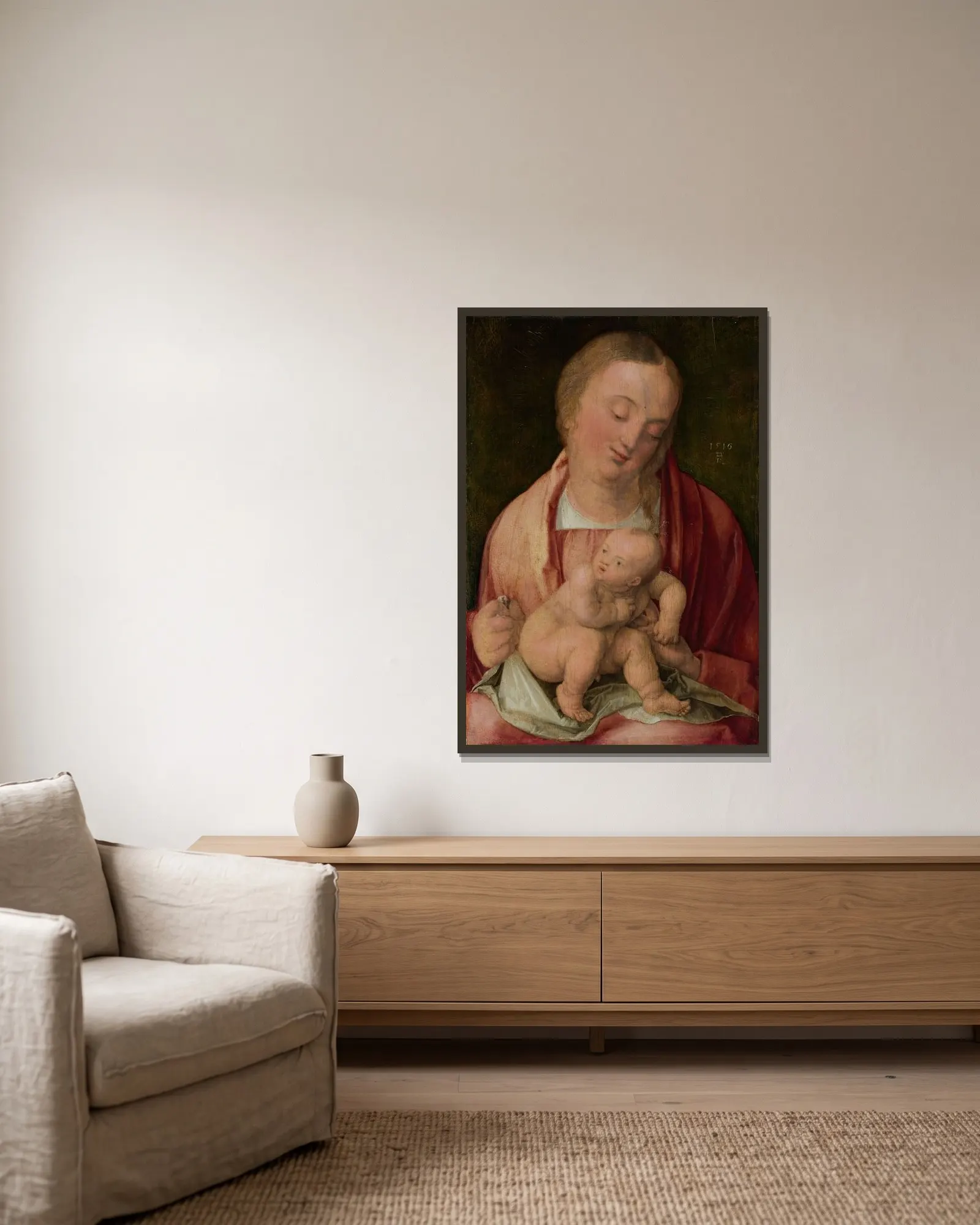 Virgin and Child av Albrecht Dürer inramad på en vägg