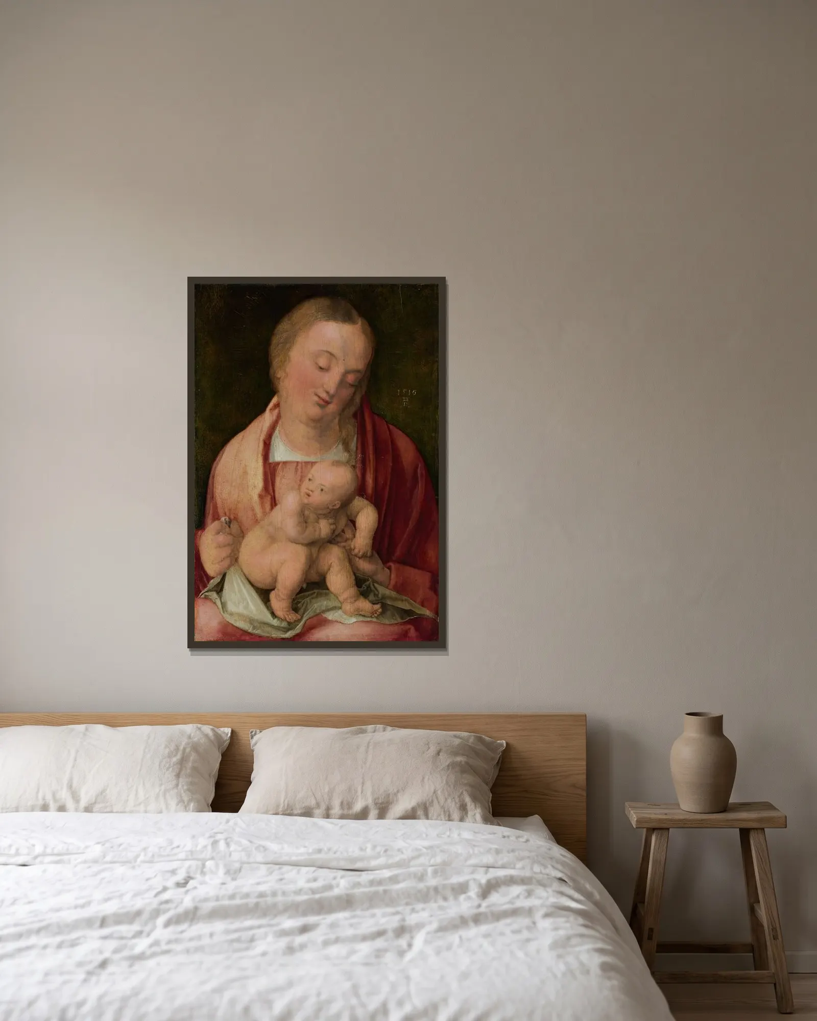 Virgin and Child av Albrecht Dürer inramad på en vägg
