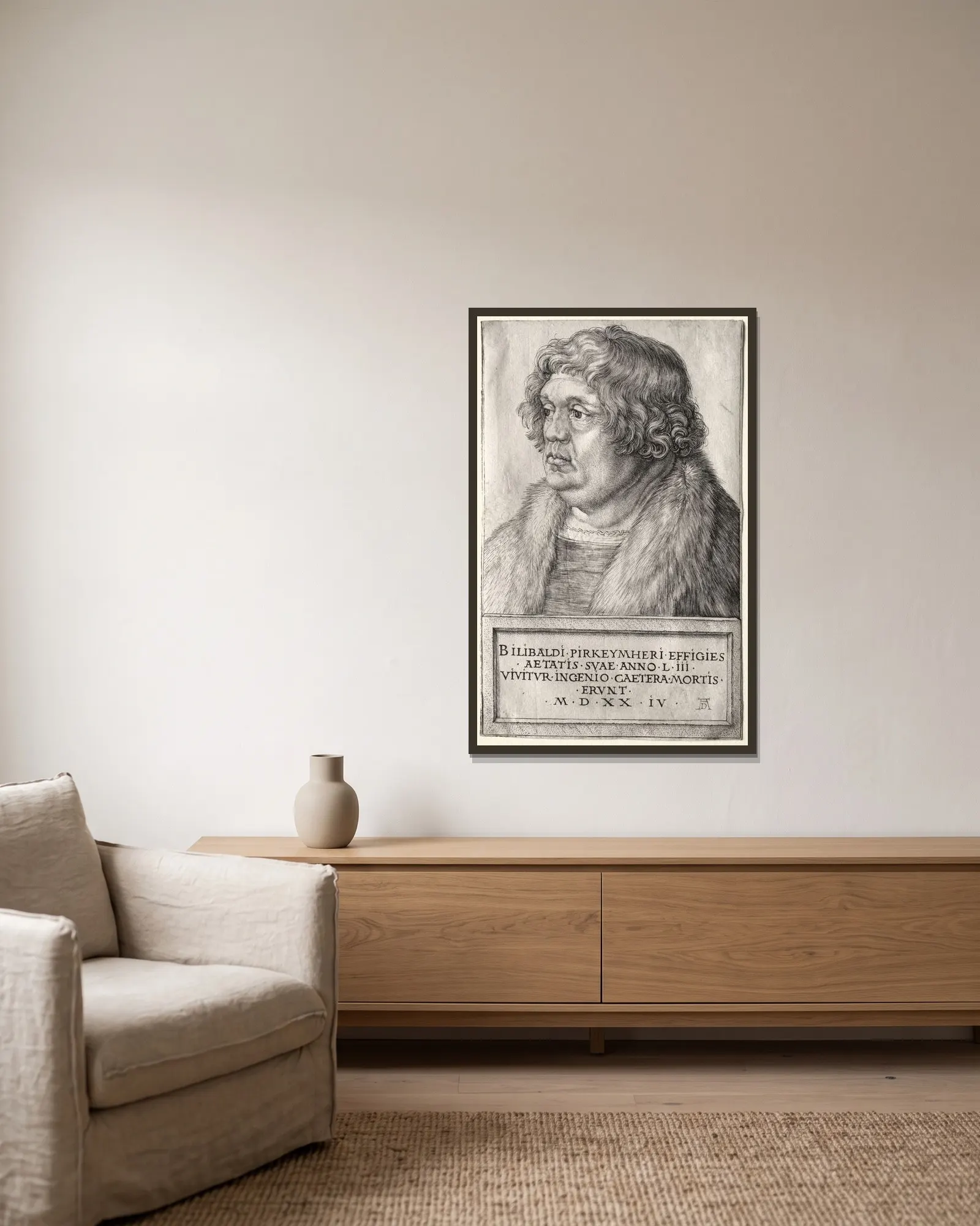 Willibald Pirkheimer av Albrecht Dürer inramad på en vägg