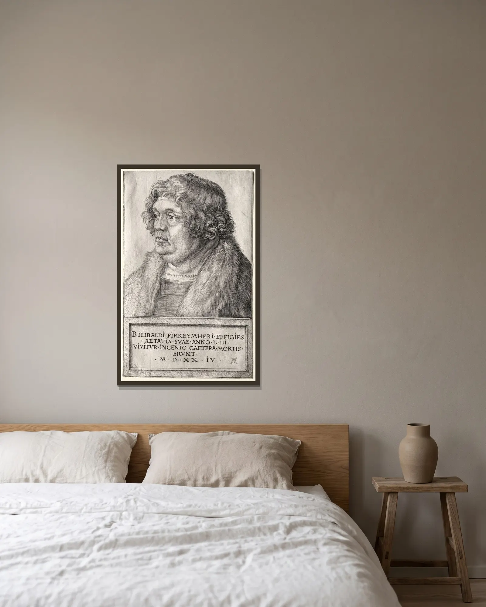 Willibald Pirkheimer av Albrecht Dürer inramad på en vägg