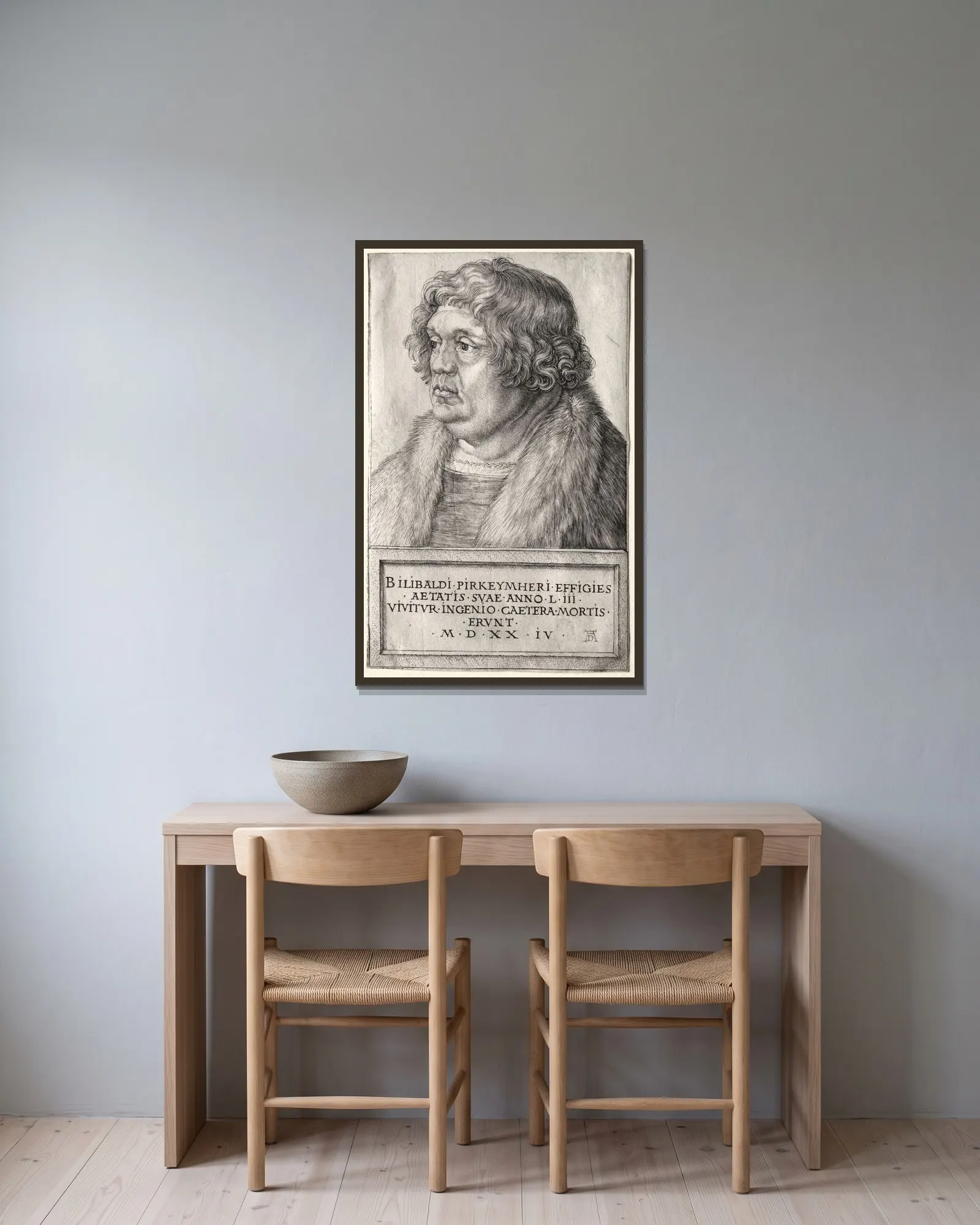 Willibald Pirkheimer av Albrecht Dürer inramad på en vägg