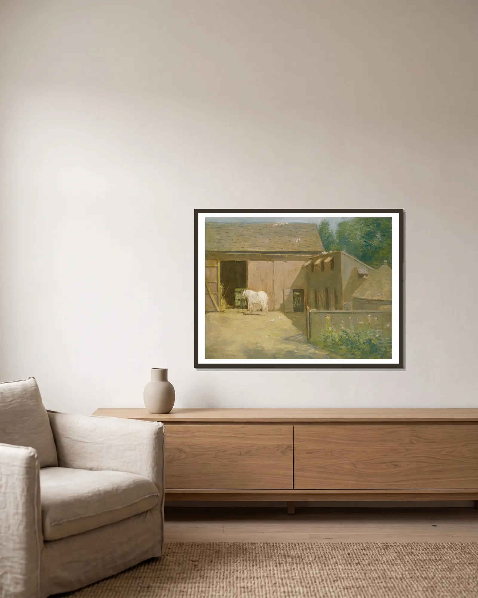 New England Barnyard av Julian Alden Weir inramad på en vägg
