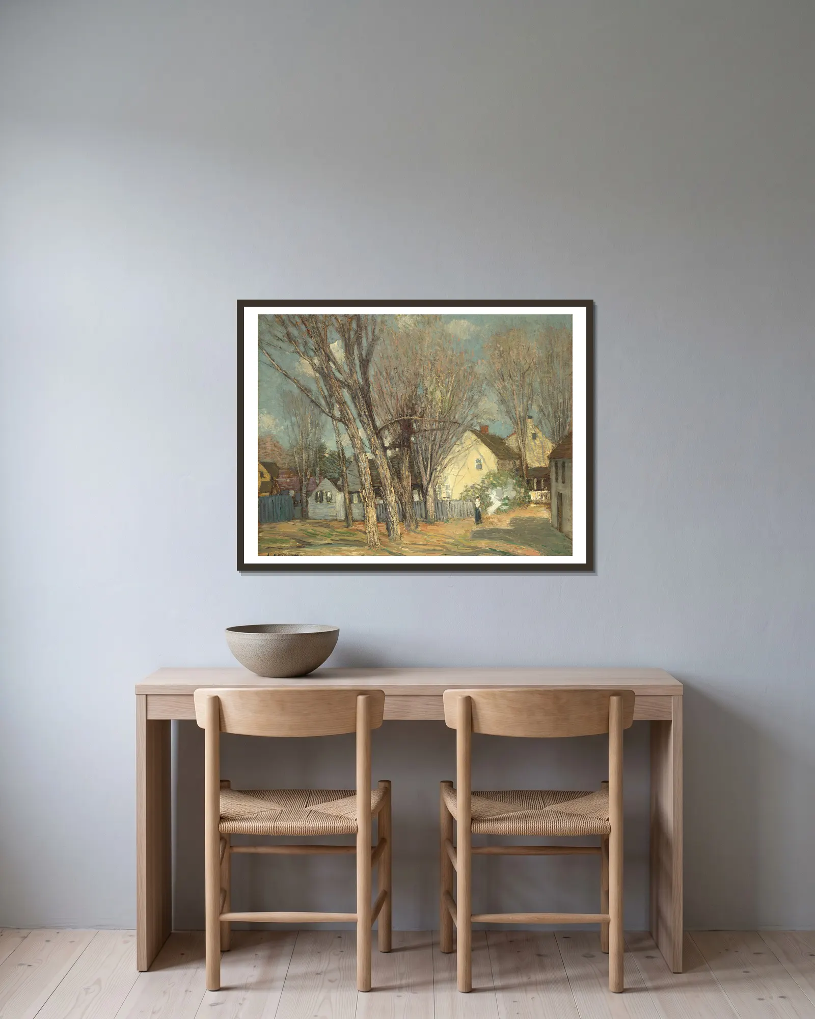 Windham Village av Julian Alden Weir inramad på en vägg
