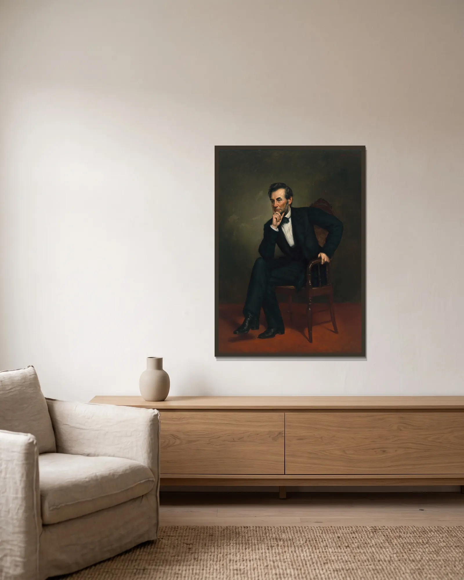 Abraham Lincoln av George Peter Alexander Healy inramad på en vägg
