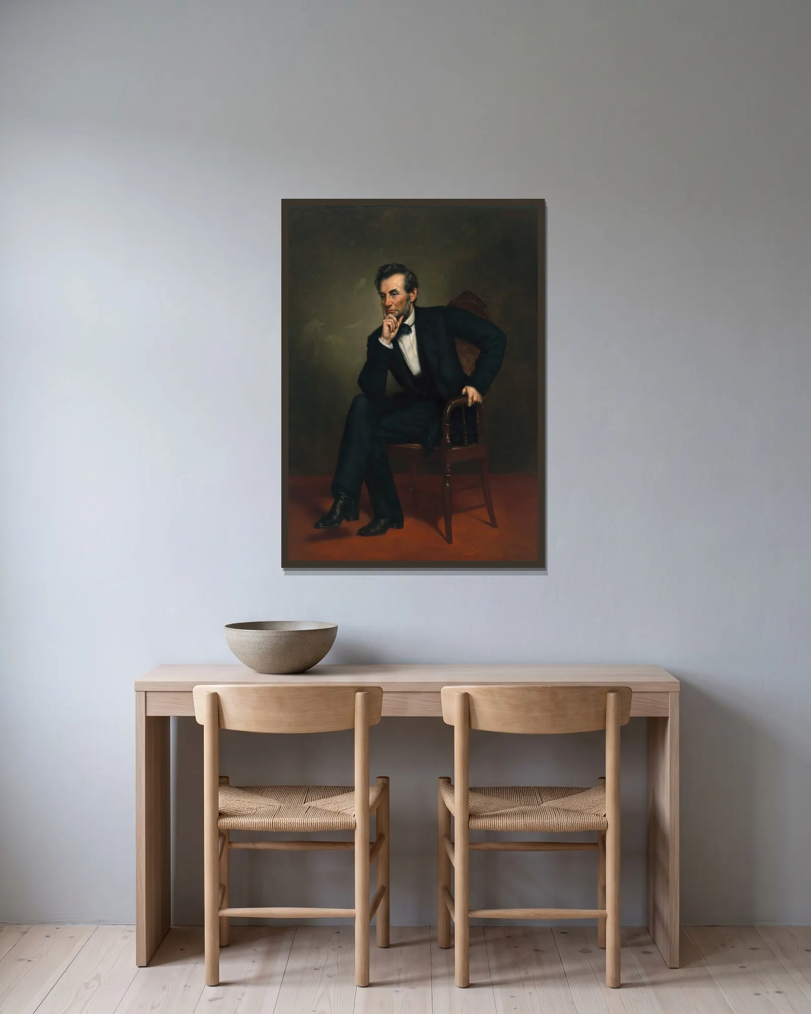 Abraham Lincoln av George Peter Alexander Healy inramad på en vägg