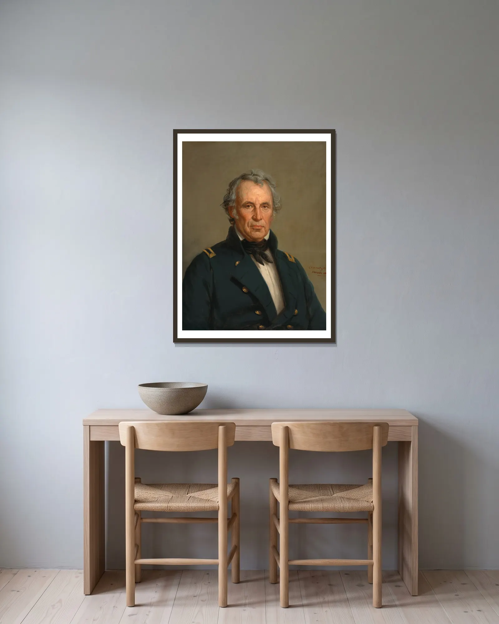 Zachary Taylor av George Peter Alexander Healy inramad på en vägg