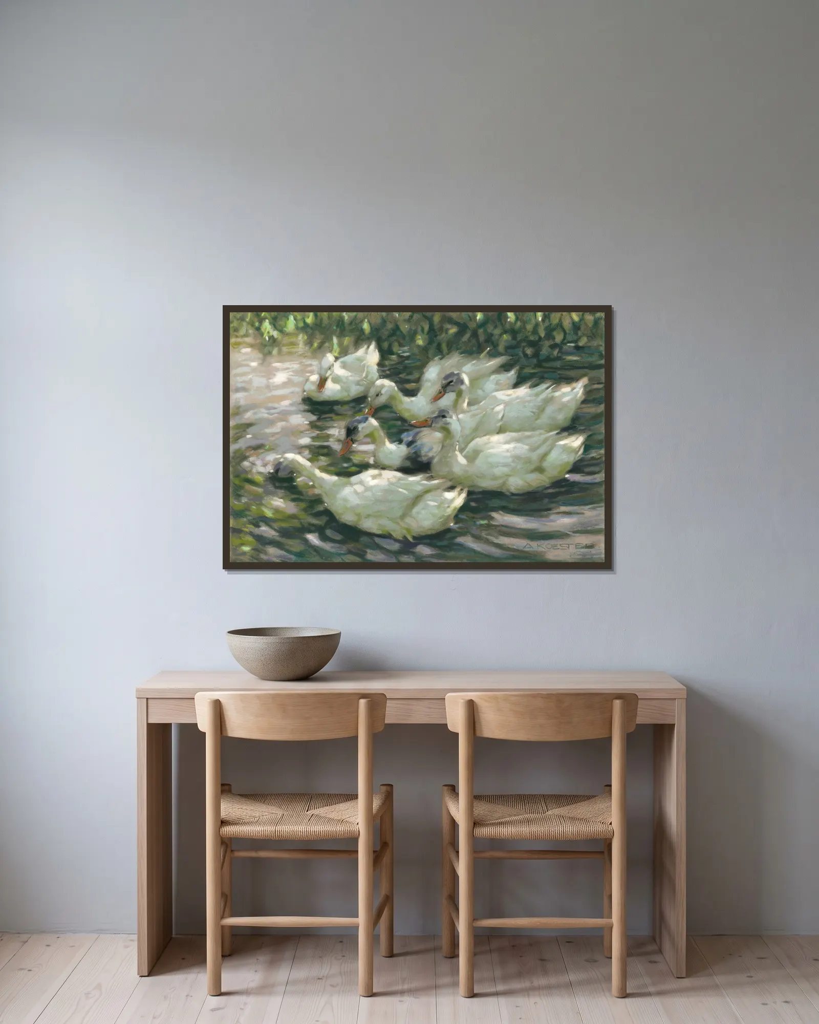 Six ducks under a willow tree av Alexander Koester inramad på en vägg