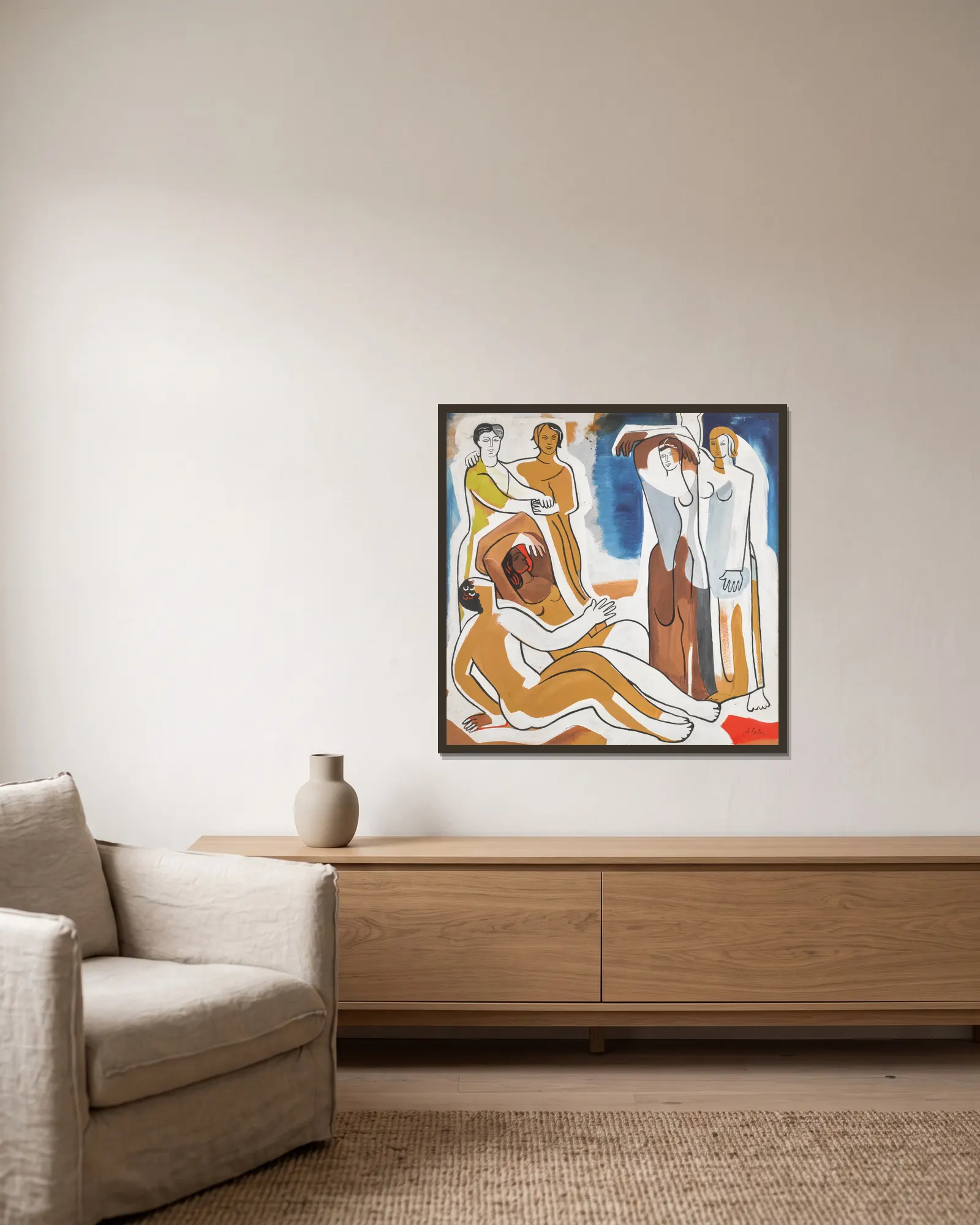 Figurative Composition av Alexandra Exter inramad på en vägg