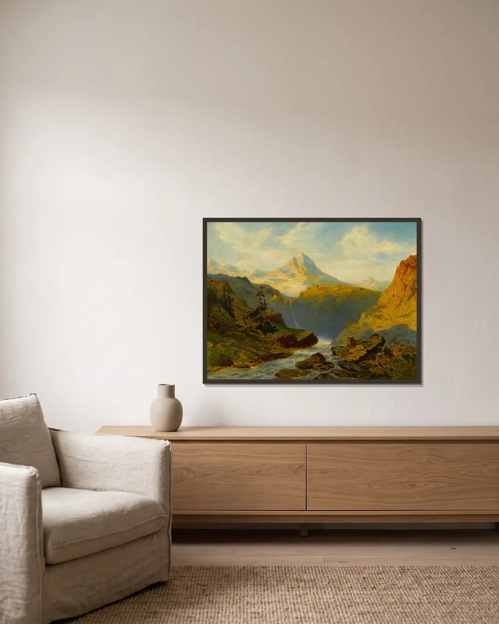 A river in the Alps av Alexandre Calame inramad på en vägg