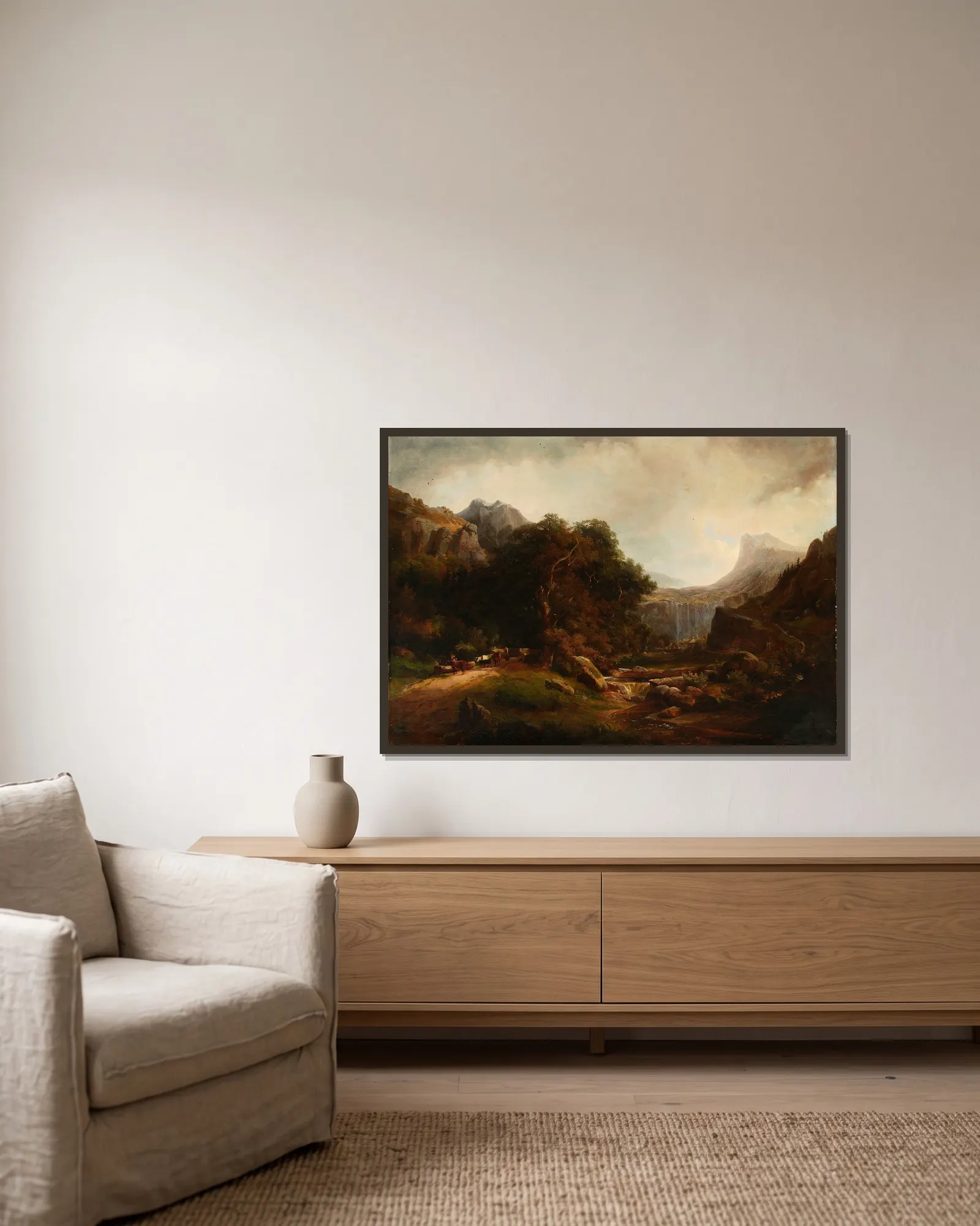 Mountainous landscape with waterfall av Alexandre Calame inramad på en vägg