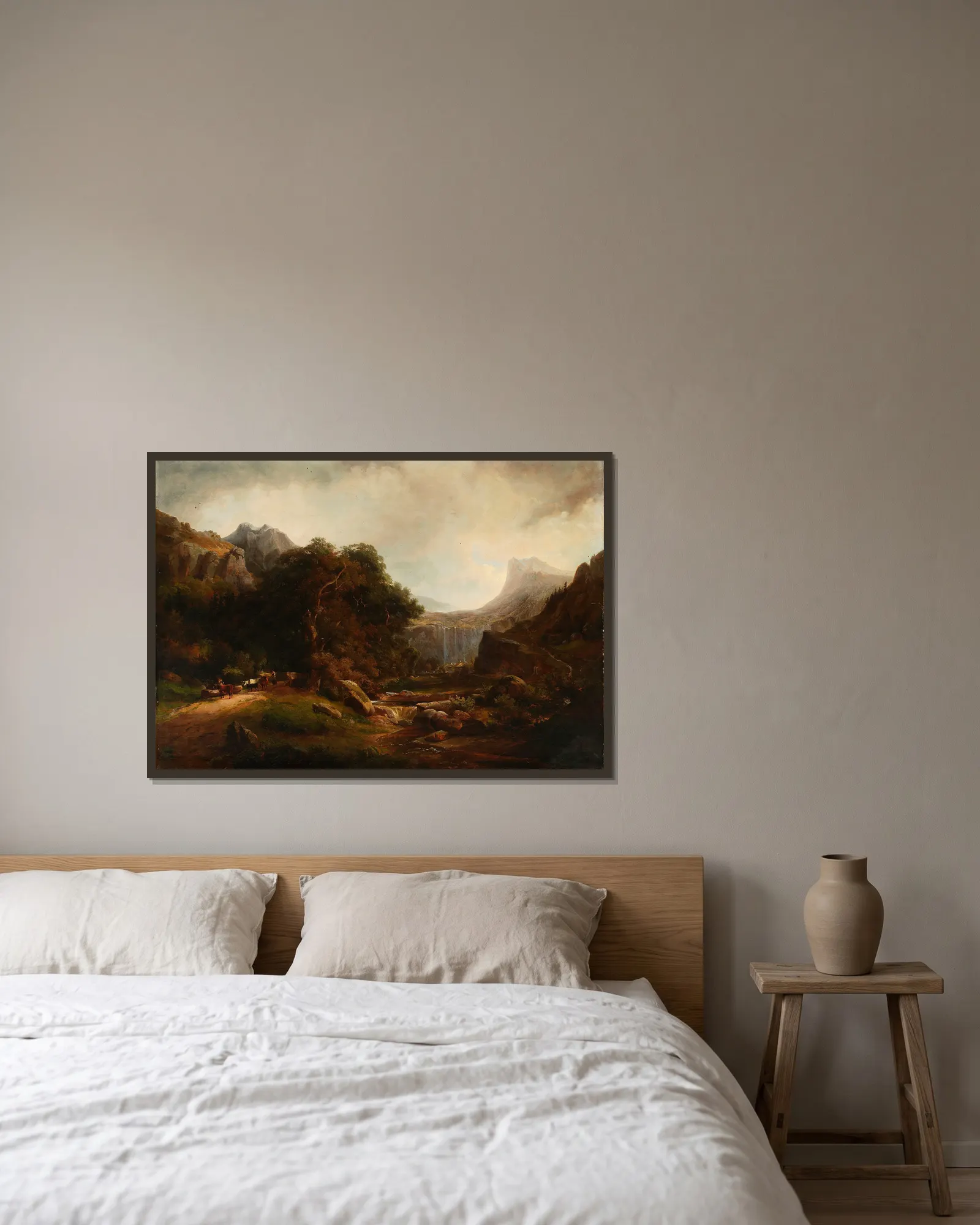 Mountainous landscape with waterfall av Alexandre Calame inramad på en vägg