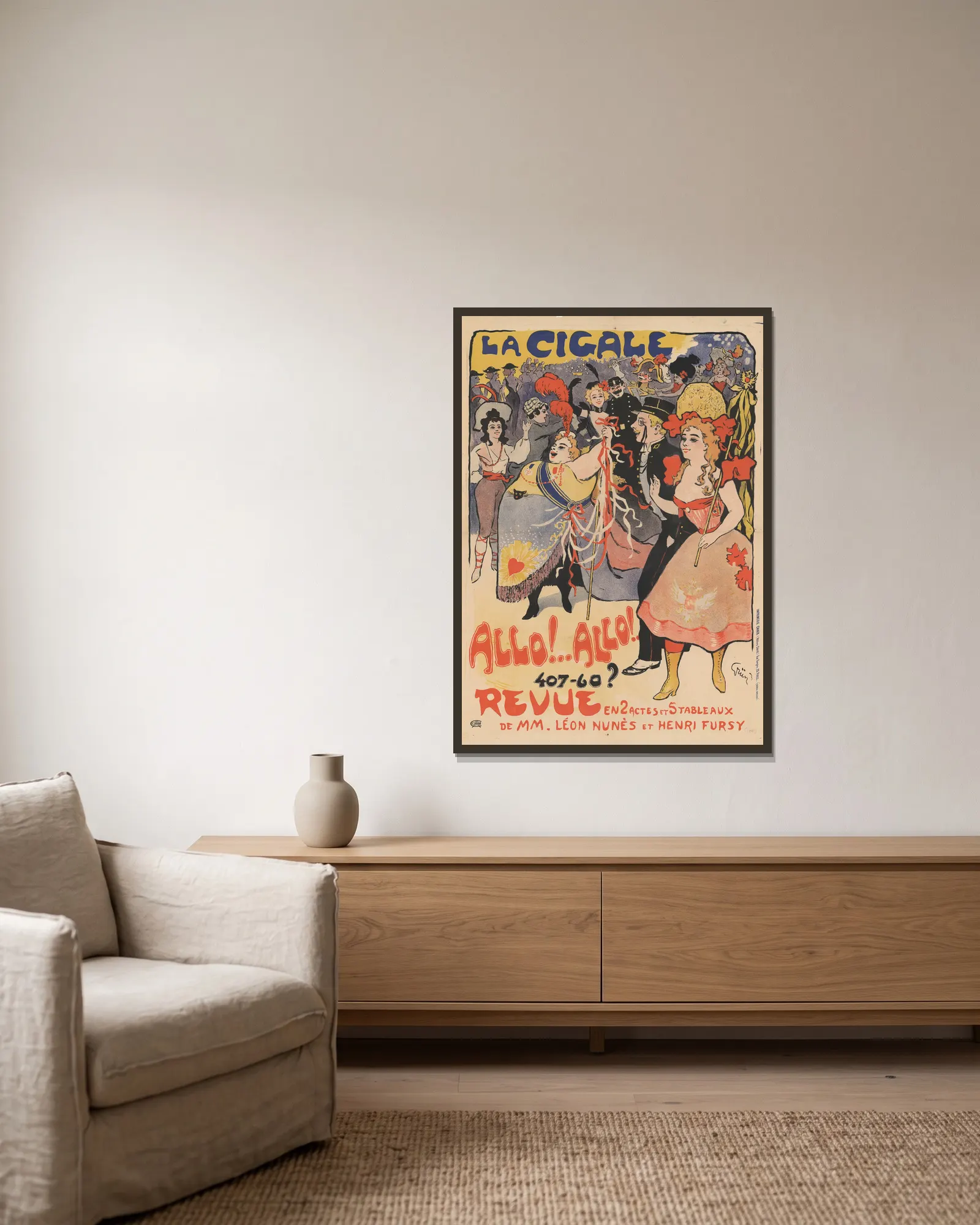 La Cigale. Allo.Allo av Jules-Alexandre Grün inramad på en vägg