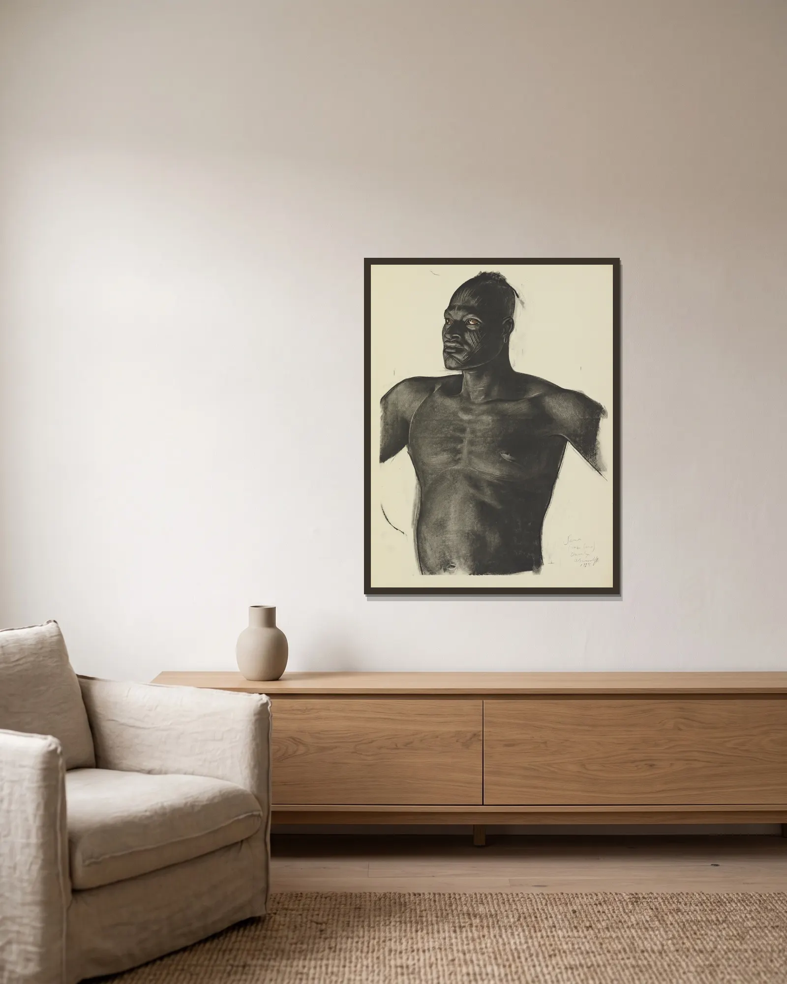 Sara Le Pisteur (Bahr Ouandja) av Alexandre Jacovleff inramad på en vägg