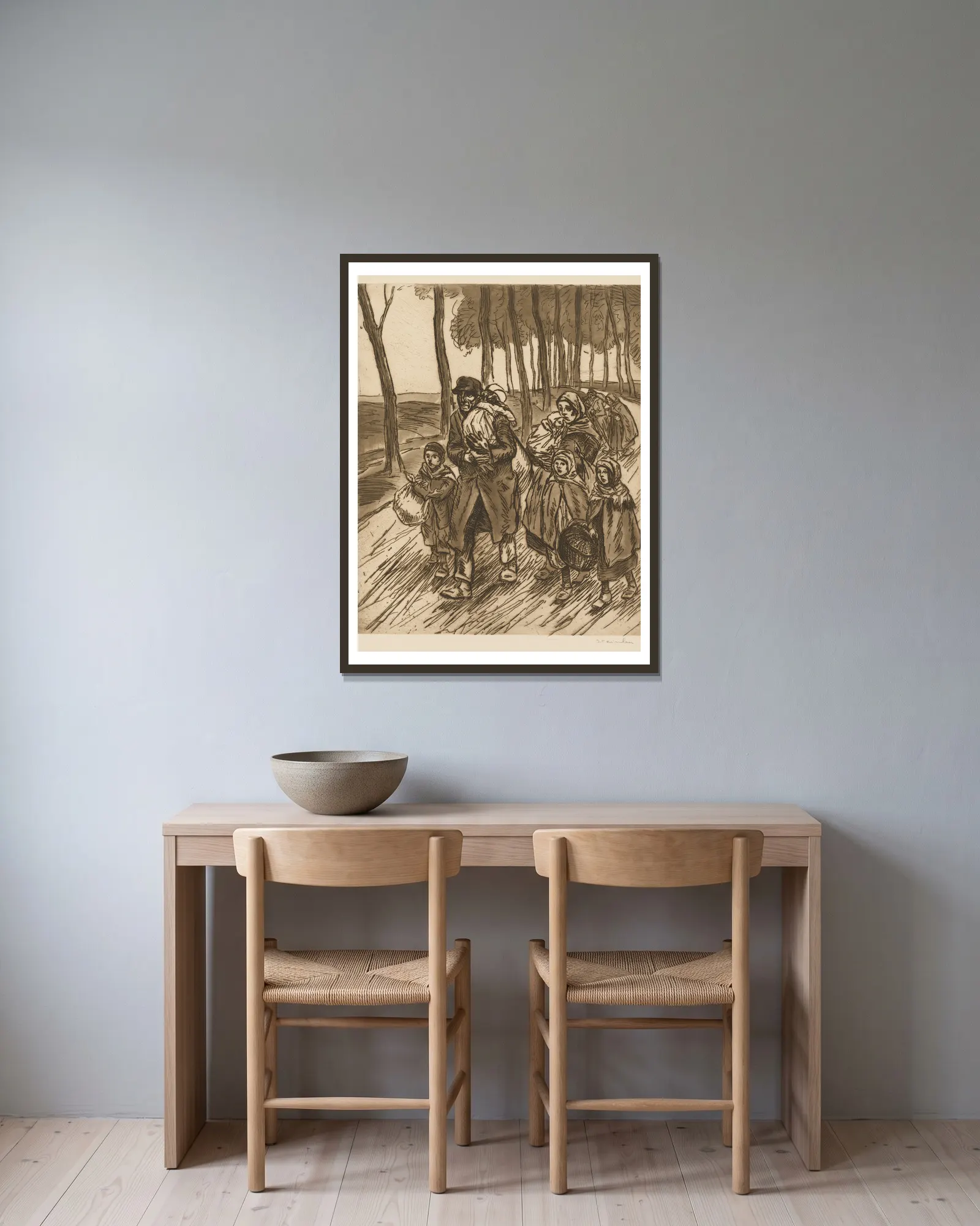 Refugee Family av Théophile Alexandre Steinlen inramad på en vägg