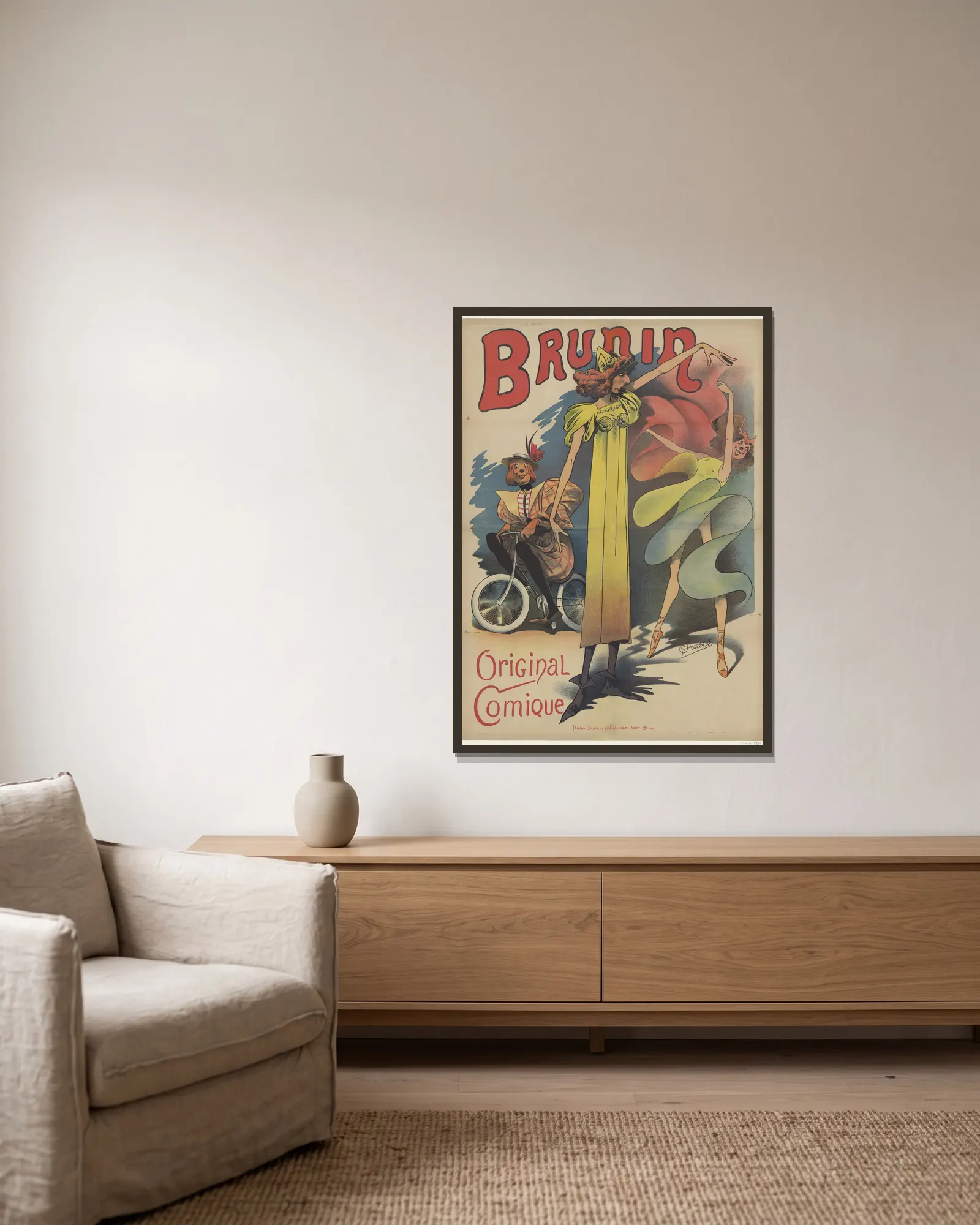 Brunin. Original comique av Alfred Choubrac inramad på en vägg