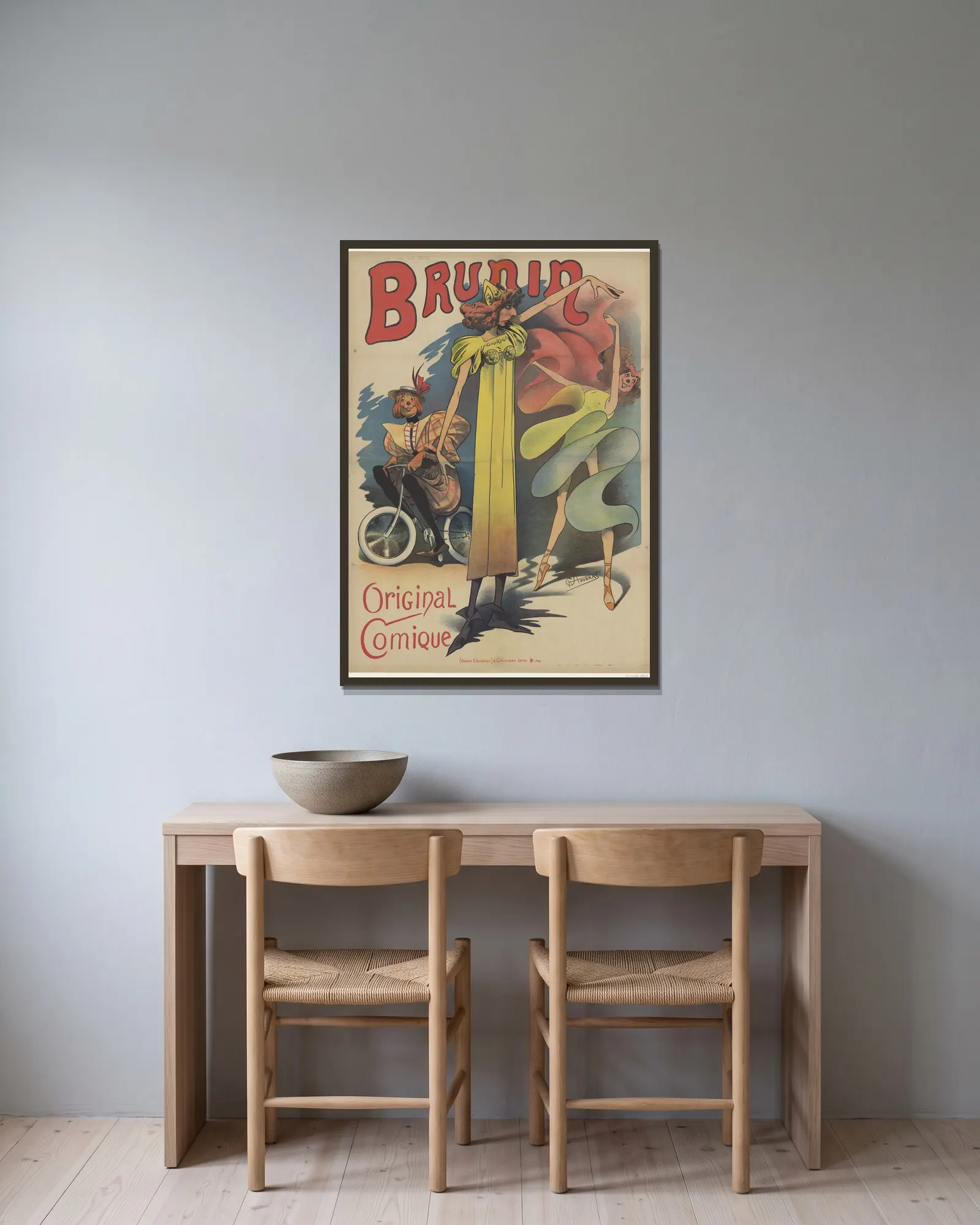 Brunin. Original comique av Alfred Choubrac inramad på en vägg