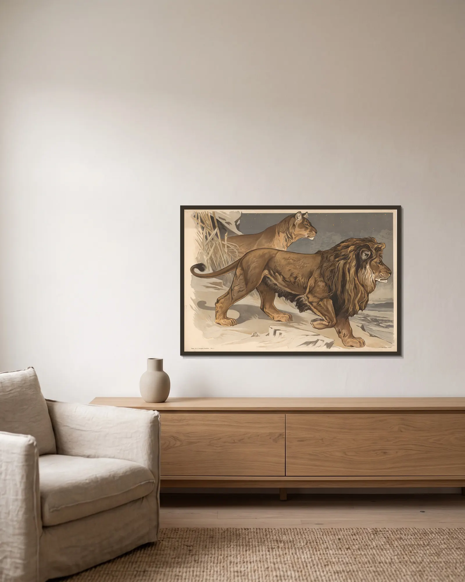 Lion av Alfred Fiedler inramad på en vägg