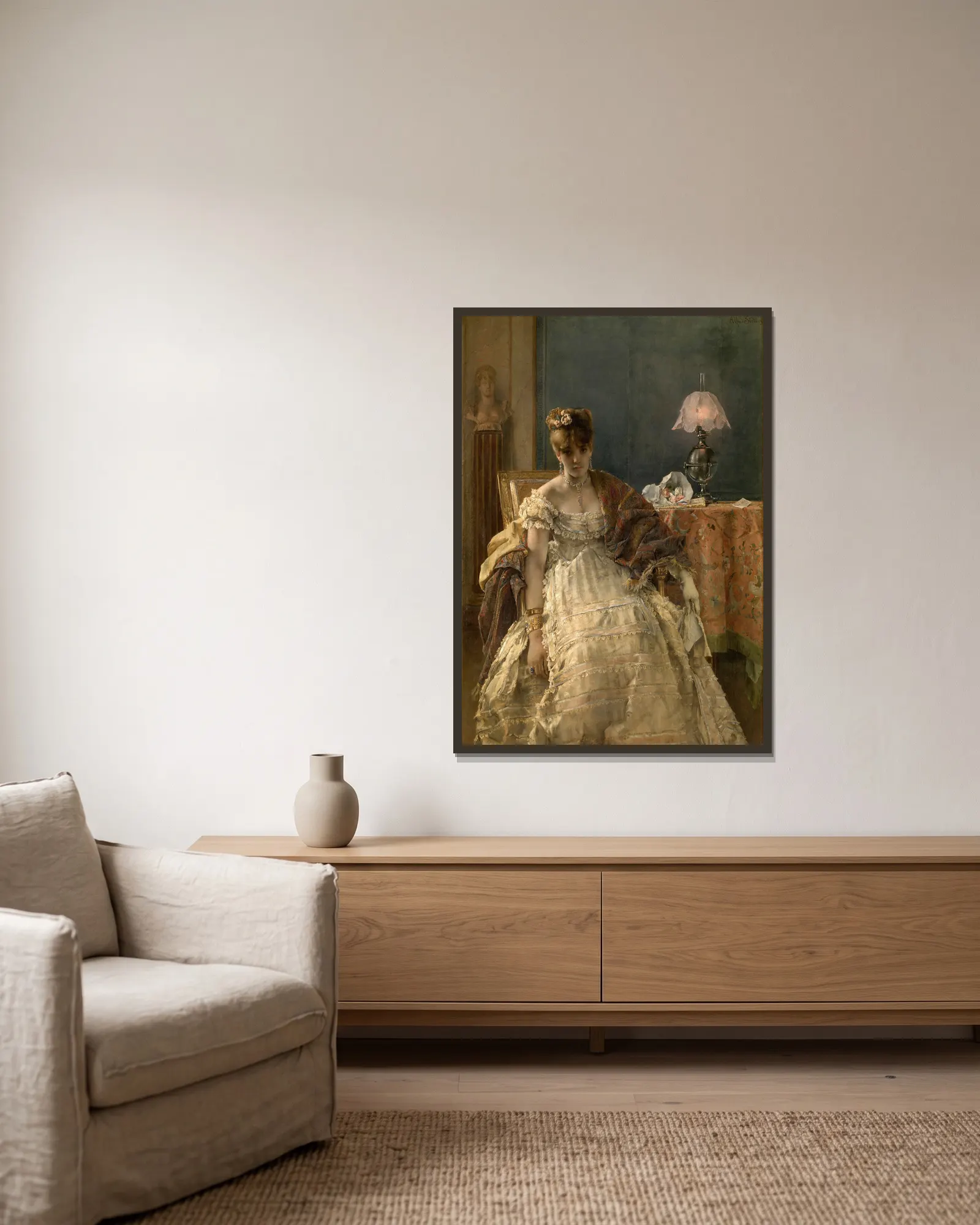 Desperate av Alfred Stevens inramad på en vägg