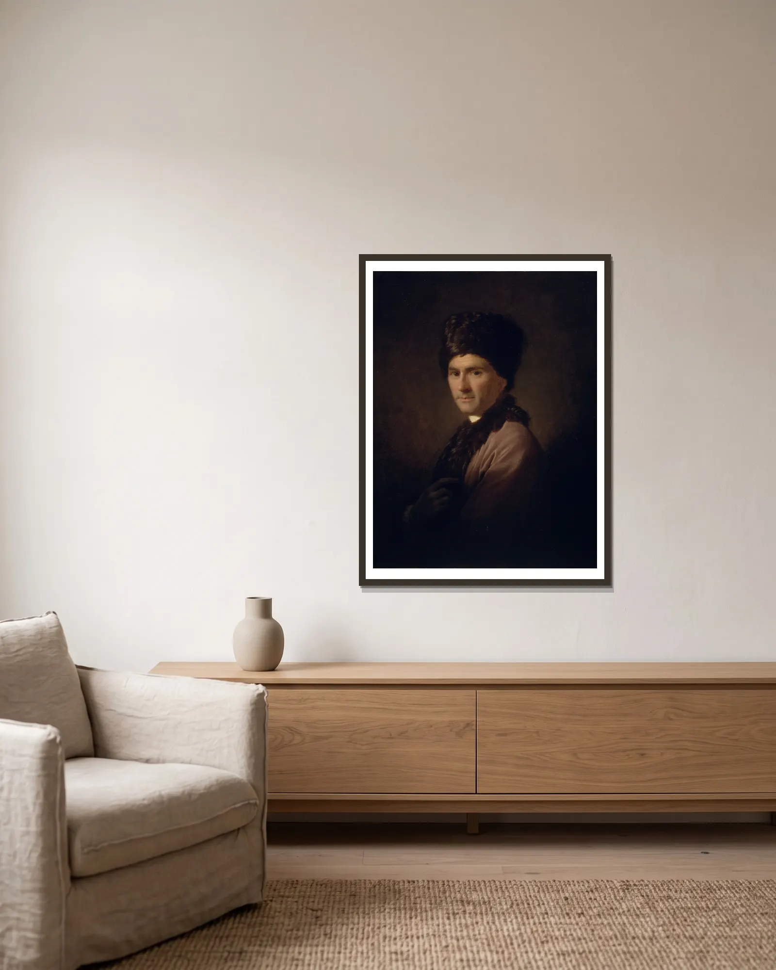 Jean-Jacques Rousseau av Allan Ramsay inramad på en vägg