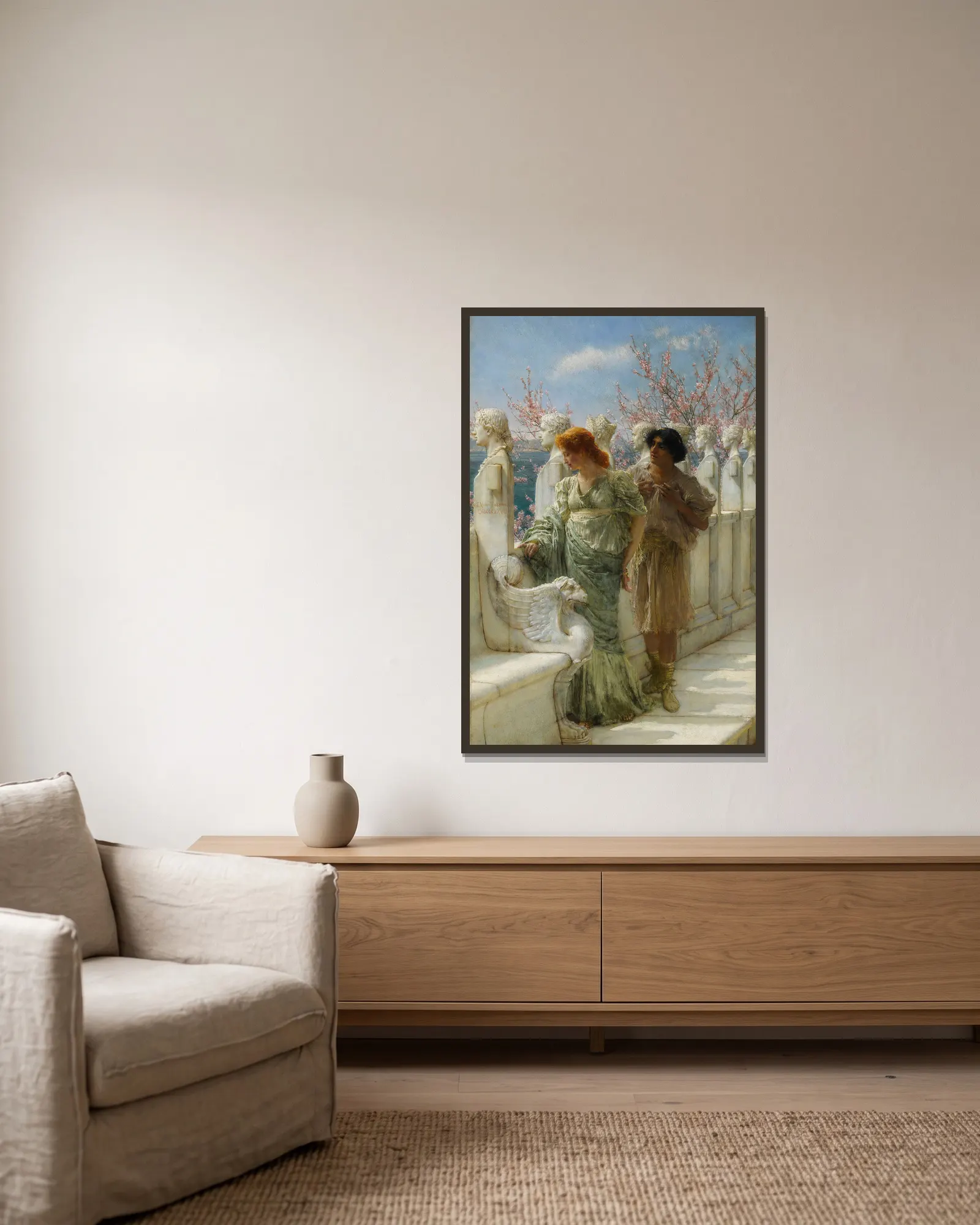 Past And Present Generations av Lawrence Alma-Tadema inramad på en vägg