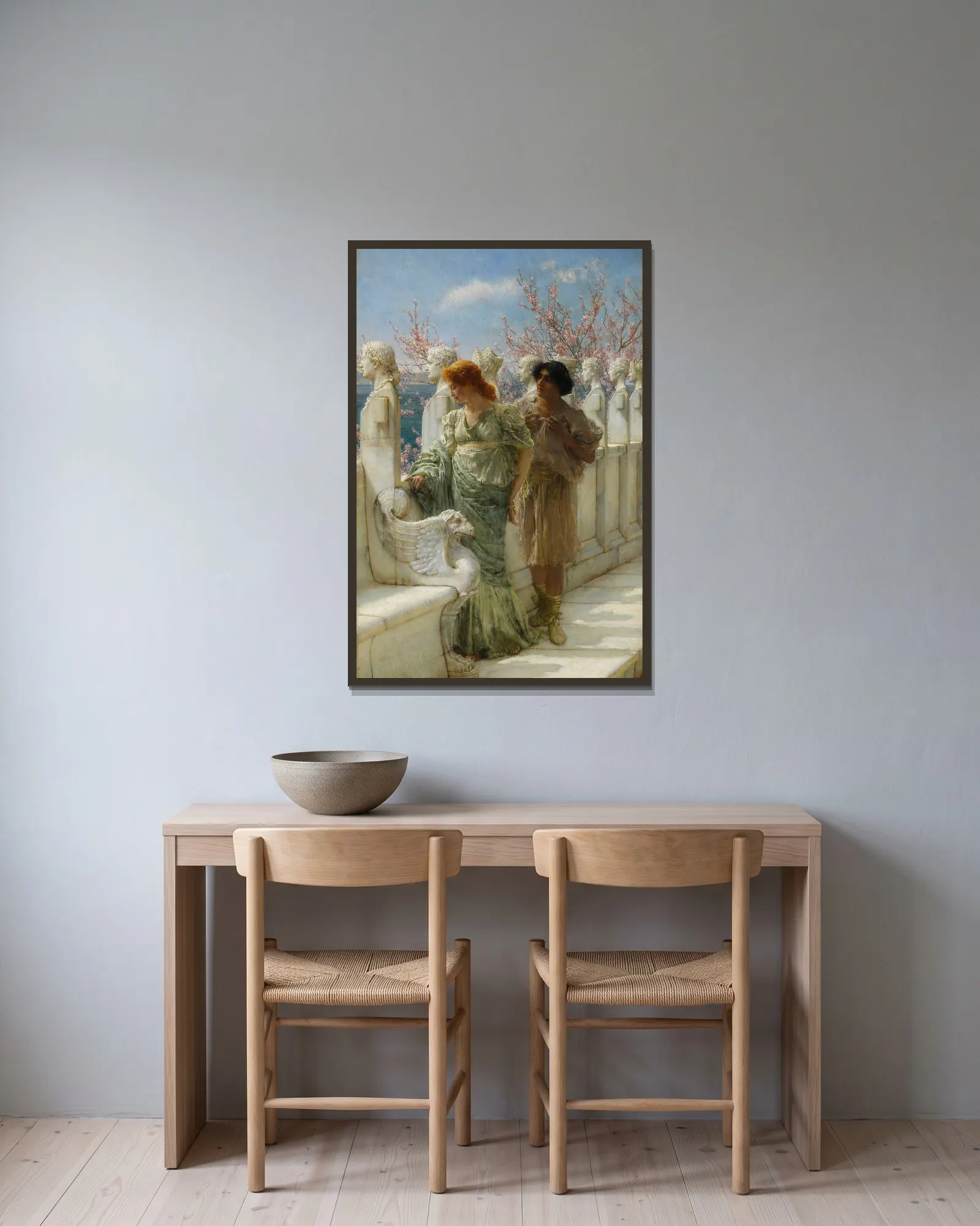 Past And Present Generations av Lawrence Alma-Tadema inramad på en vägg