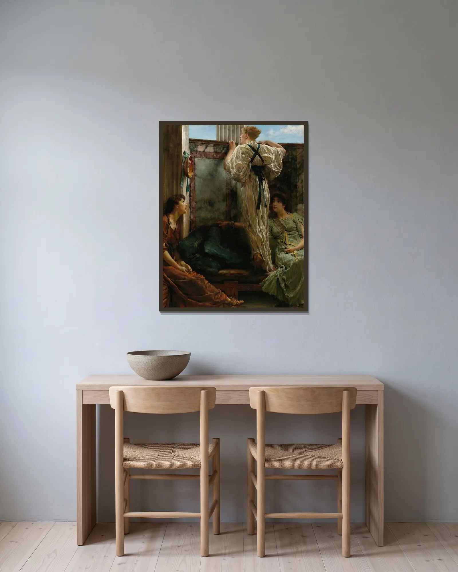 Who Is It av Lawrence Alma-Tadema inramad på en vägg