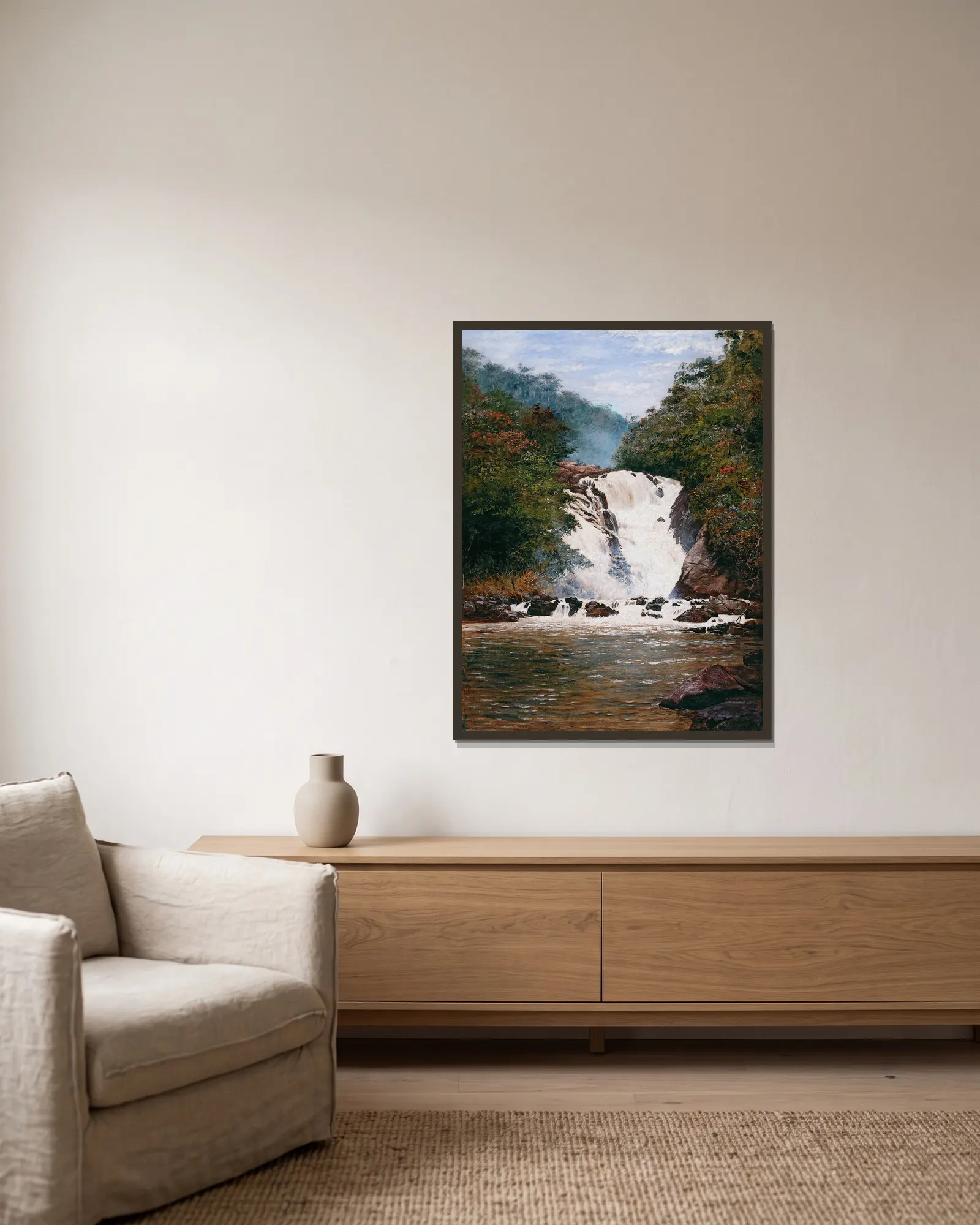 Votorantim Waterfall av Almeida Júnior inramad på en vägg