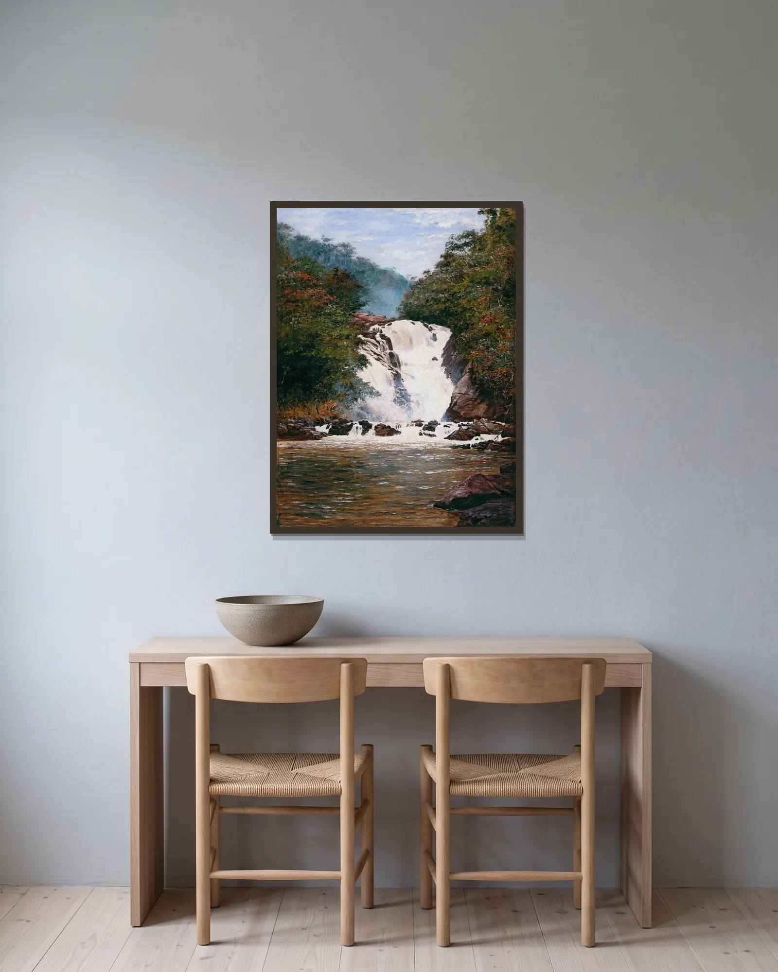 Votorantim Waterfall av Almeida Júnior inramad på en vägg