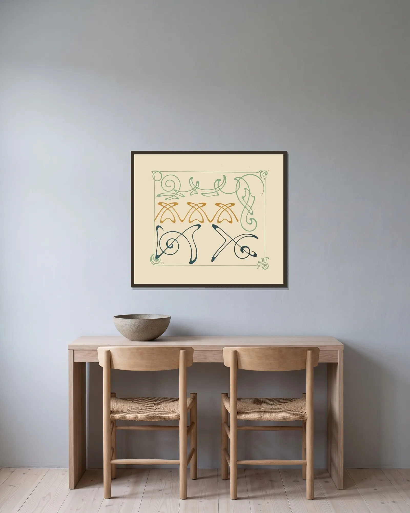 Abstract design based on arabesques av Alphonse Mucha inramad på en vägg